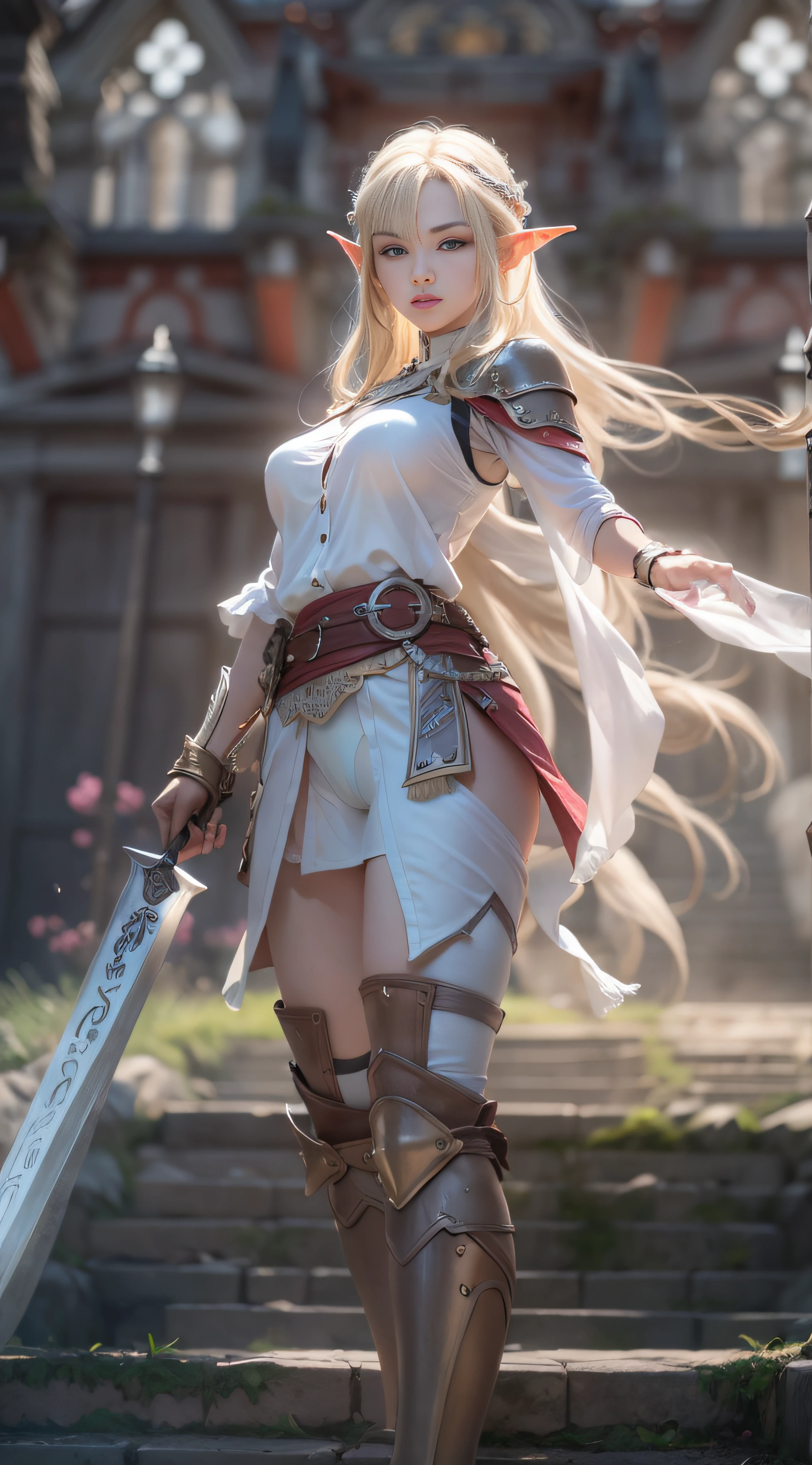 RAW, professional photograph, movie photograph, medium shot, (female elf), (battle pose), young adult, twenty years old, japanese castle, warrior elf, see-through underwear, white underwear, athletic body, soft facial features, long hair, straight hair, blonde hair, blue eyes, Realism, hyperrealism, ray tracing, high details, super detail, UHD, 8k