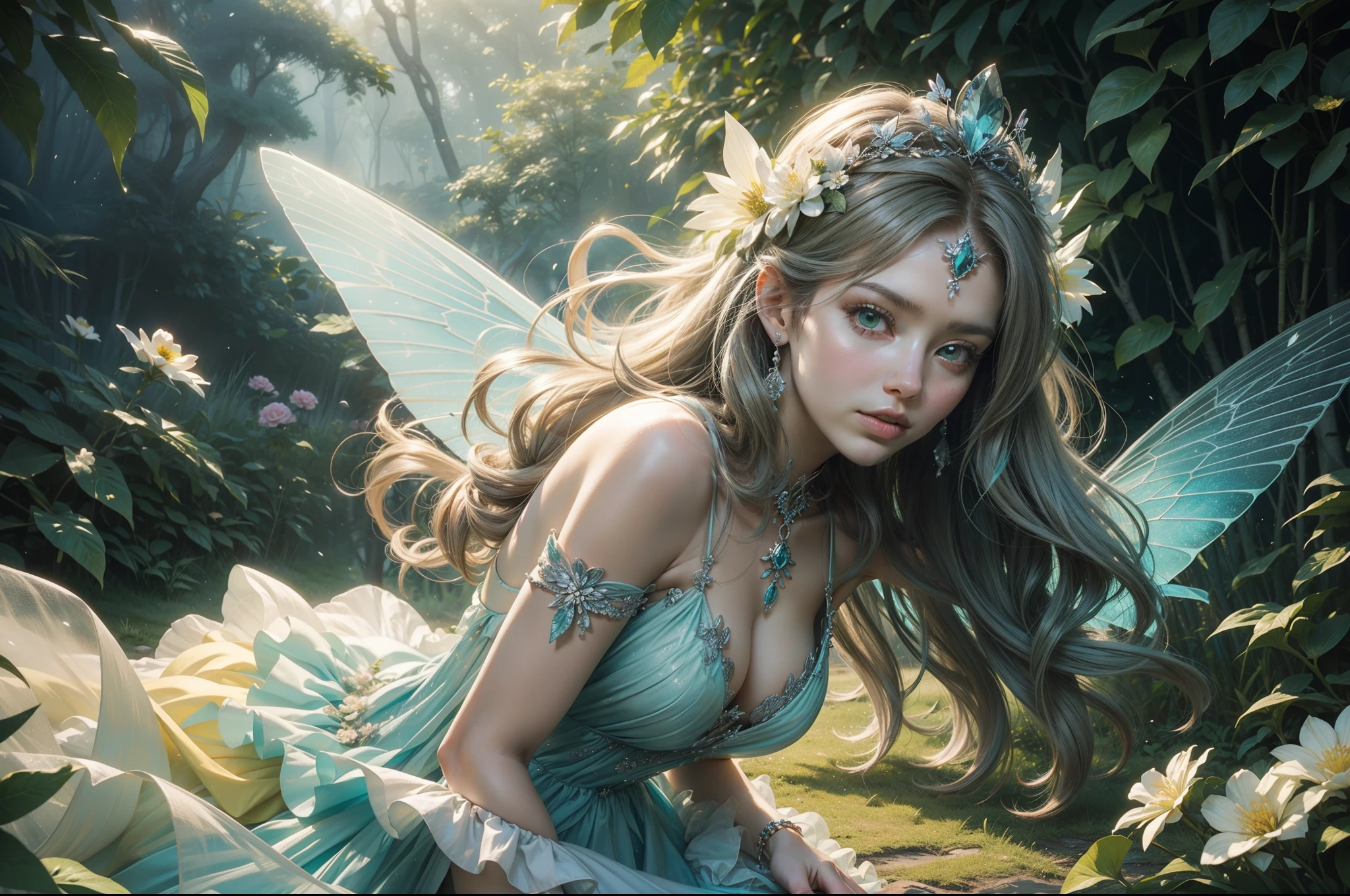 A young fairy in vortex of falling flowers and leaves. Butterfly like Wings. She wears a multilayered ruffled dress in light yellow transparent fabric with silver and aquamarine embellishments. Long messy wavy hair in dark colour, flower tiara. She is emerging from a vortex of multicoloured varieties of flowers and leaves of different shapes and tones of green. Dynamic image. Magical flowery forest as background, clear day, sunny, light filtering through the trees. Photorealistic.