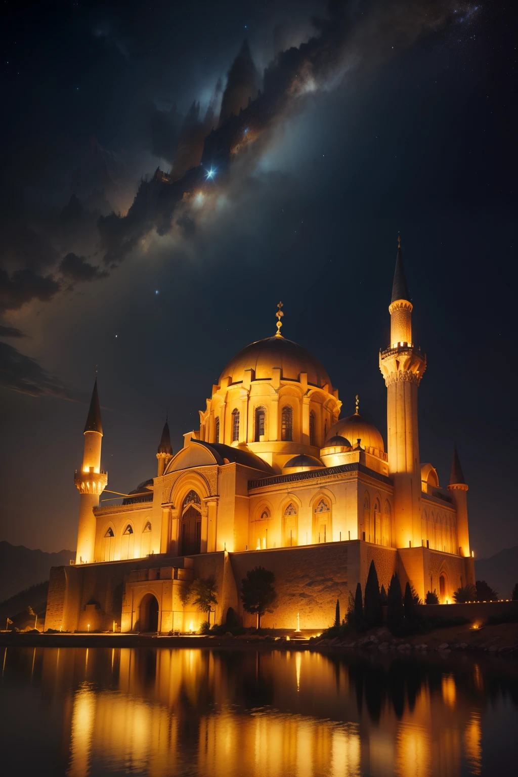 Antique architecture，babel，Mountains，the night，Stars，Castle，Golden Palace，Islamic culture，Greek classical culture，Interstellar culture