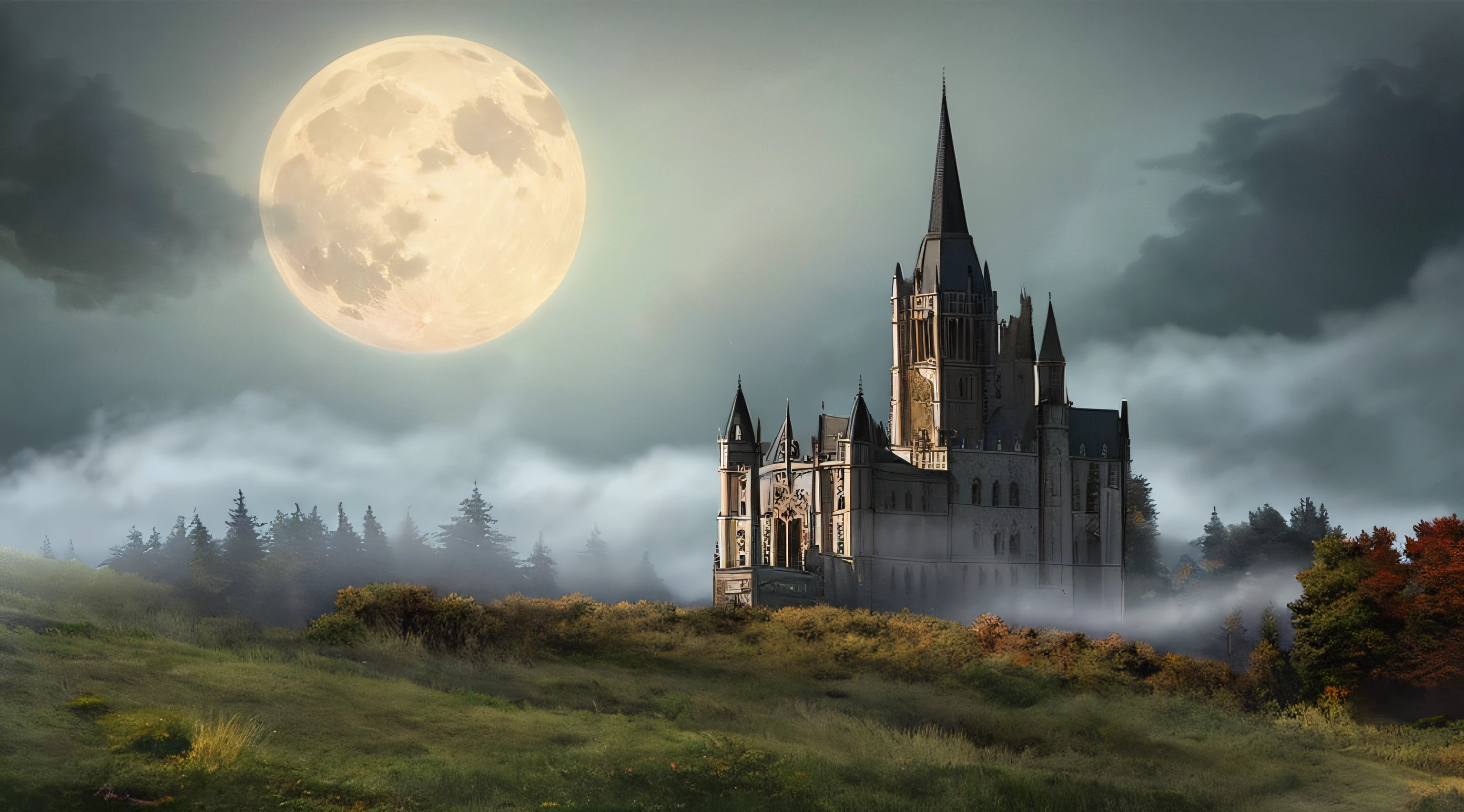 long shot scenic professional photograph of A haunting gothic horror scene of an abandoned mansion on a hill, with fog, full moon, and shadowy figures, in a digital painting style reminiscent of the Castlevania game series, perfect viewpoint, highly detailed, wide-angle lens, hyper realistic, with dramatic sky, polarizing filter, natural lighting, vivid colors, everything in sharp focus, HDR, UHD, 64K