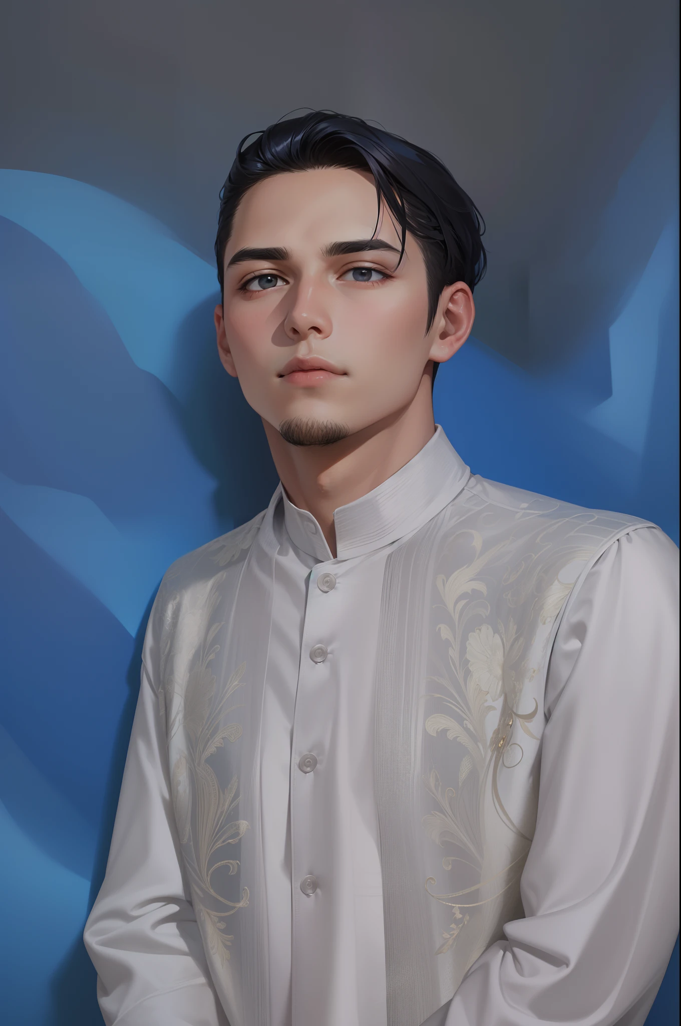 Attractive profile picture, masterpiece, ultra-precise rendering, beautiful and cool young man, trustworthy, dependable young man, savior of the world, simple design, most beautiful image, 4K, long hair, blue black hair color, facial hair.
