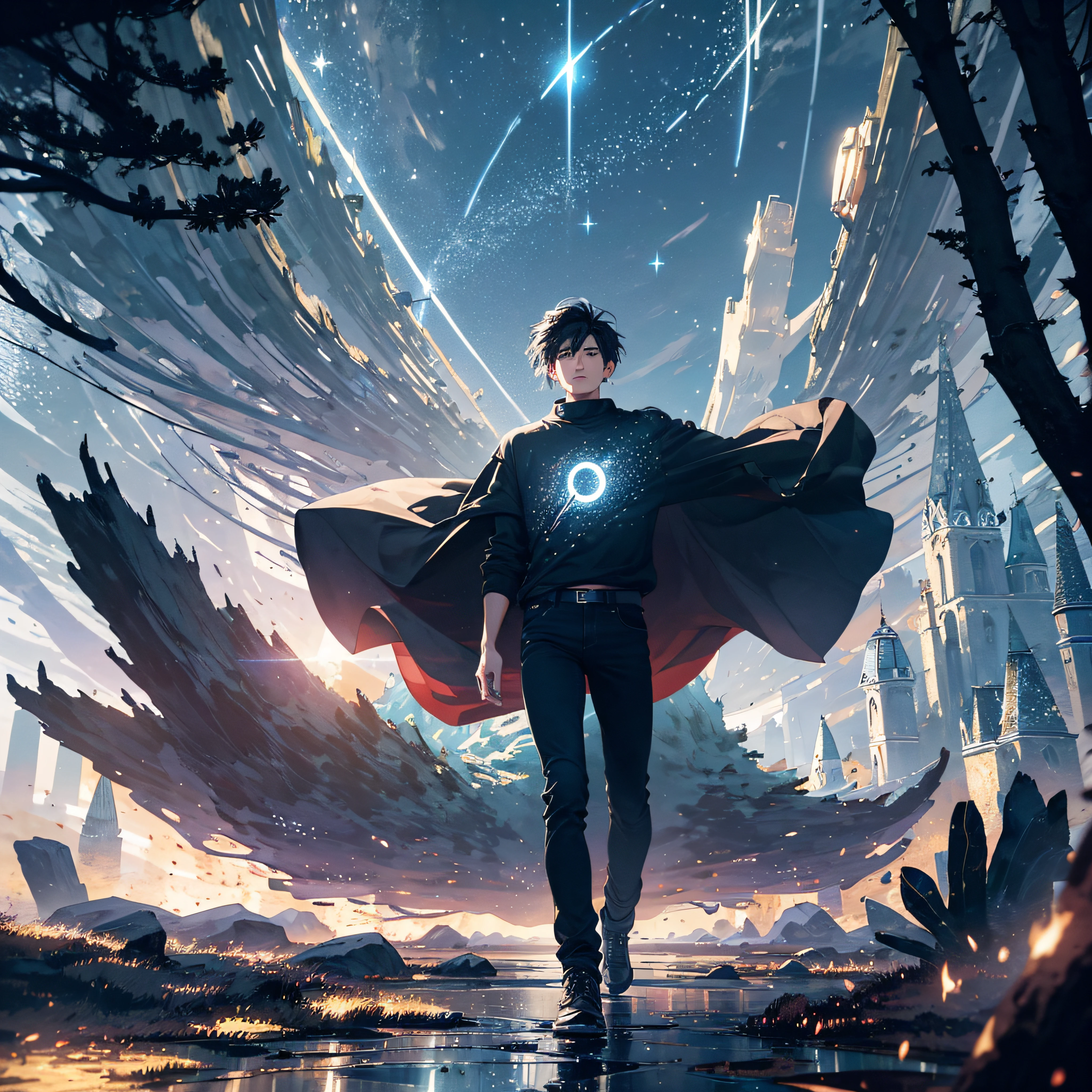 ((Best Quality, 8K, Masterpiece: 1.3)), landscape, magic shoot, star trail, slow speed, standing young man with black hair, black jeans, look at the stars, amazing scenery, hundreds of stars forming a circle, magic array, exaggrated light, shine, power up.