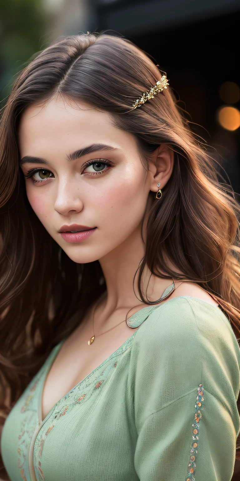 photo of a 25 years old european girl (full body), RAW, beautiful woman, (extra long wavy brown hair), slight smile, ((detailed face:1.2)), ((detailed facial features)), (finely detailed skin), pale skin, high detailed V-neck princess dress (pale green cloth), megacity environment, (cold colors), damp, moist, reflections, (masterpiece) (perfect proportion)(realistic photo)(best quality) (detailed) photographed on a Canon EOS R5, 50mm lens, F/2.8, HDR, (8k) (wallpaper) (cinematic lighting) (dramatic lighting) (sharp focus) (intricate)