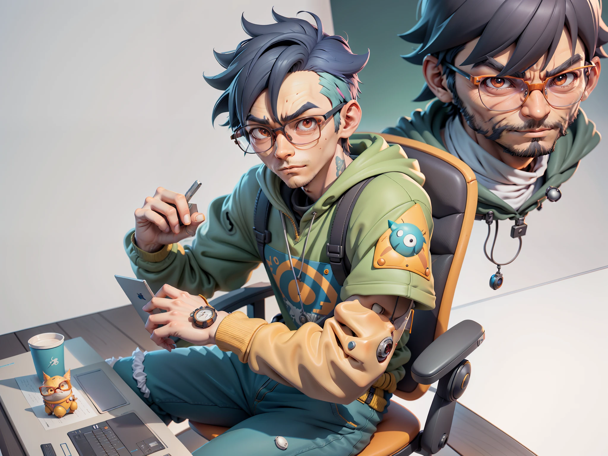 A young man with glasses sits at his desk,holding laptop,digitial painting,3D character design by Mark Clairen and Pixar and Hayao Miyazaki and Akira Toriyama,4K HD illustration,Very detailed facial features and cartoon-style visuals。