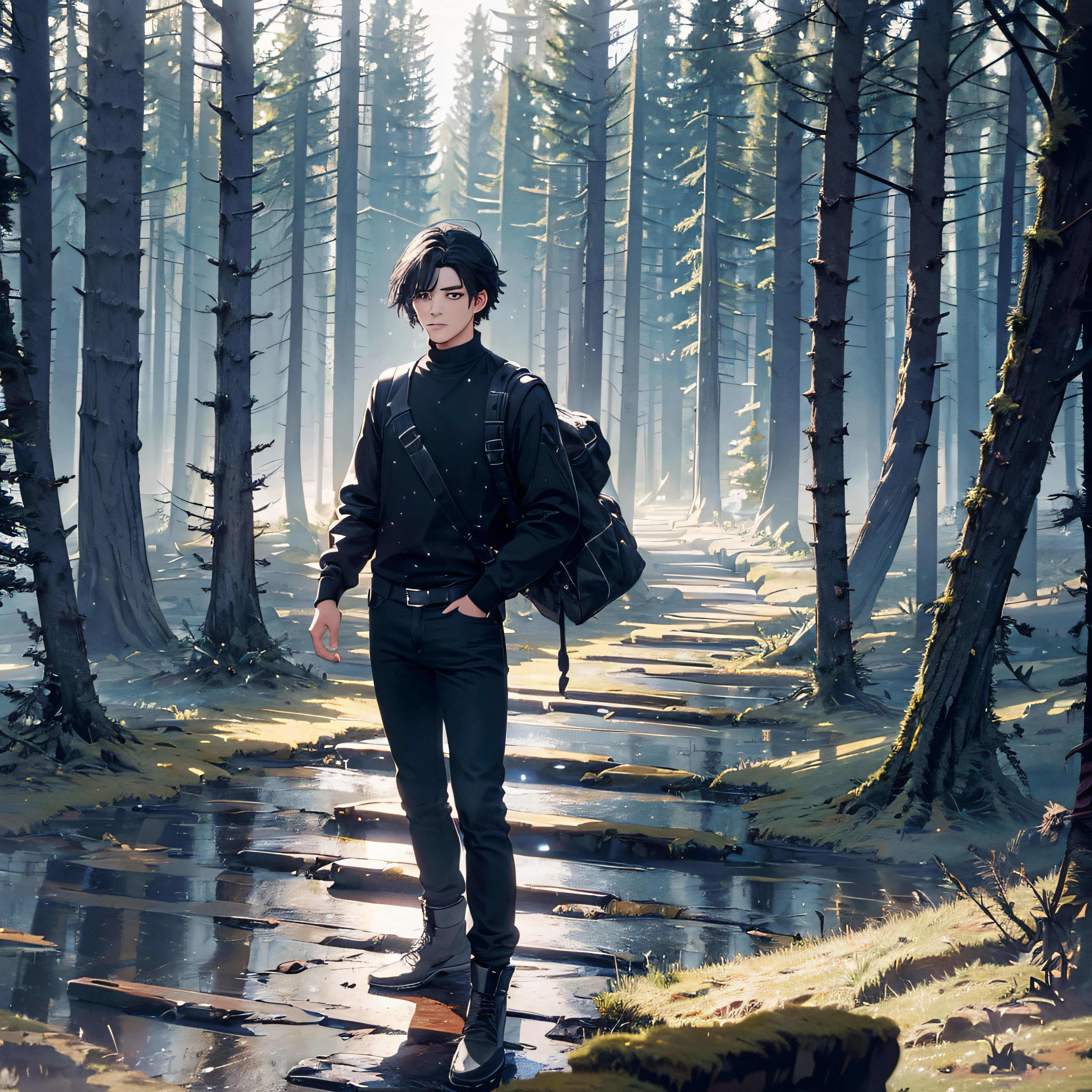 ((Best Quality, 8K, Masterpiece: 1.3)), landscape, morning shoot, star trail, slow speed, standing young man with black hair, black jeans, look at the stars, amazing scenery, hundreds of stars forming a circle, magic array, exaggrated light.