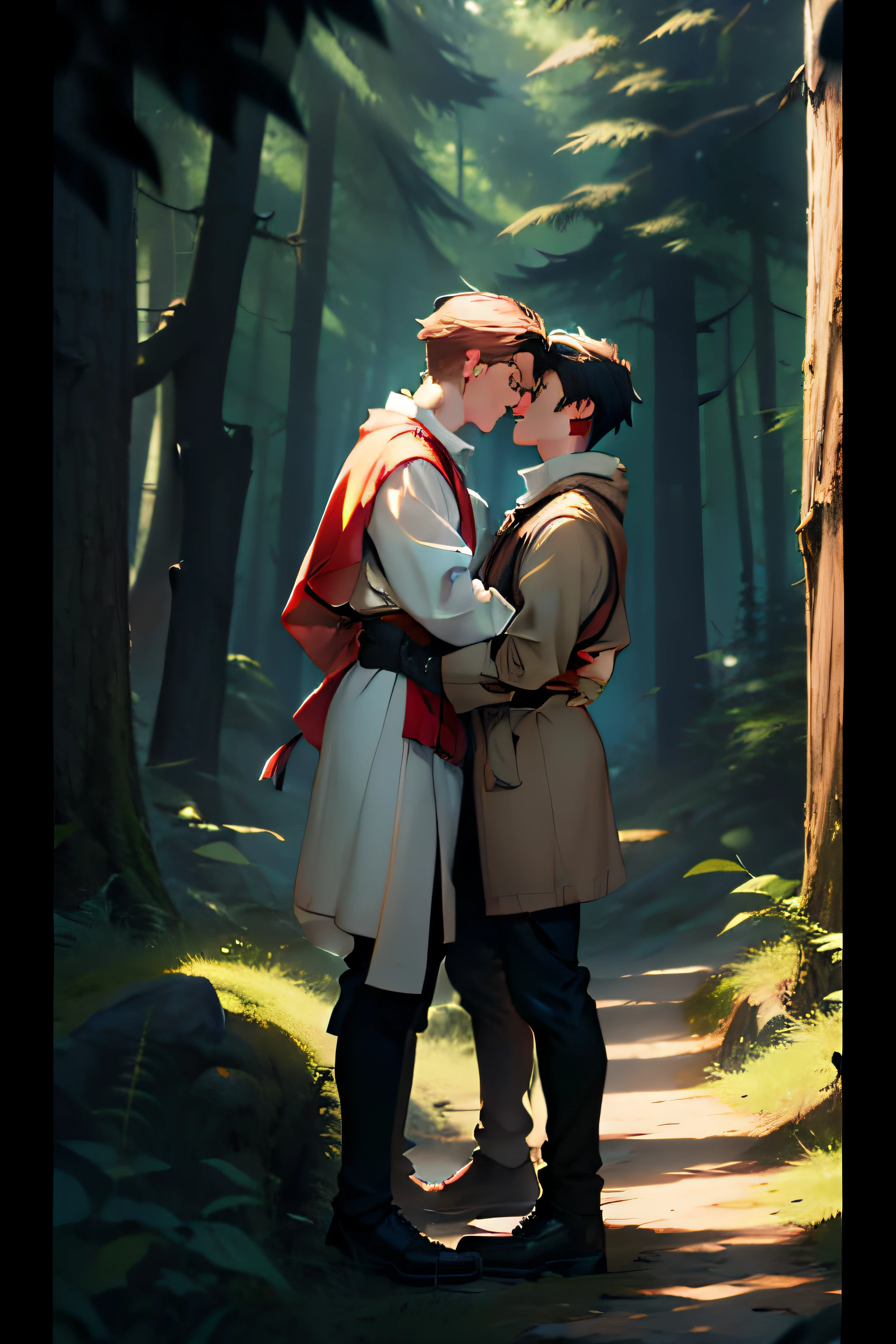 Two young men embracing in the forest of the kingdom