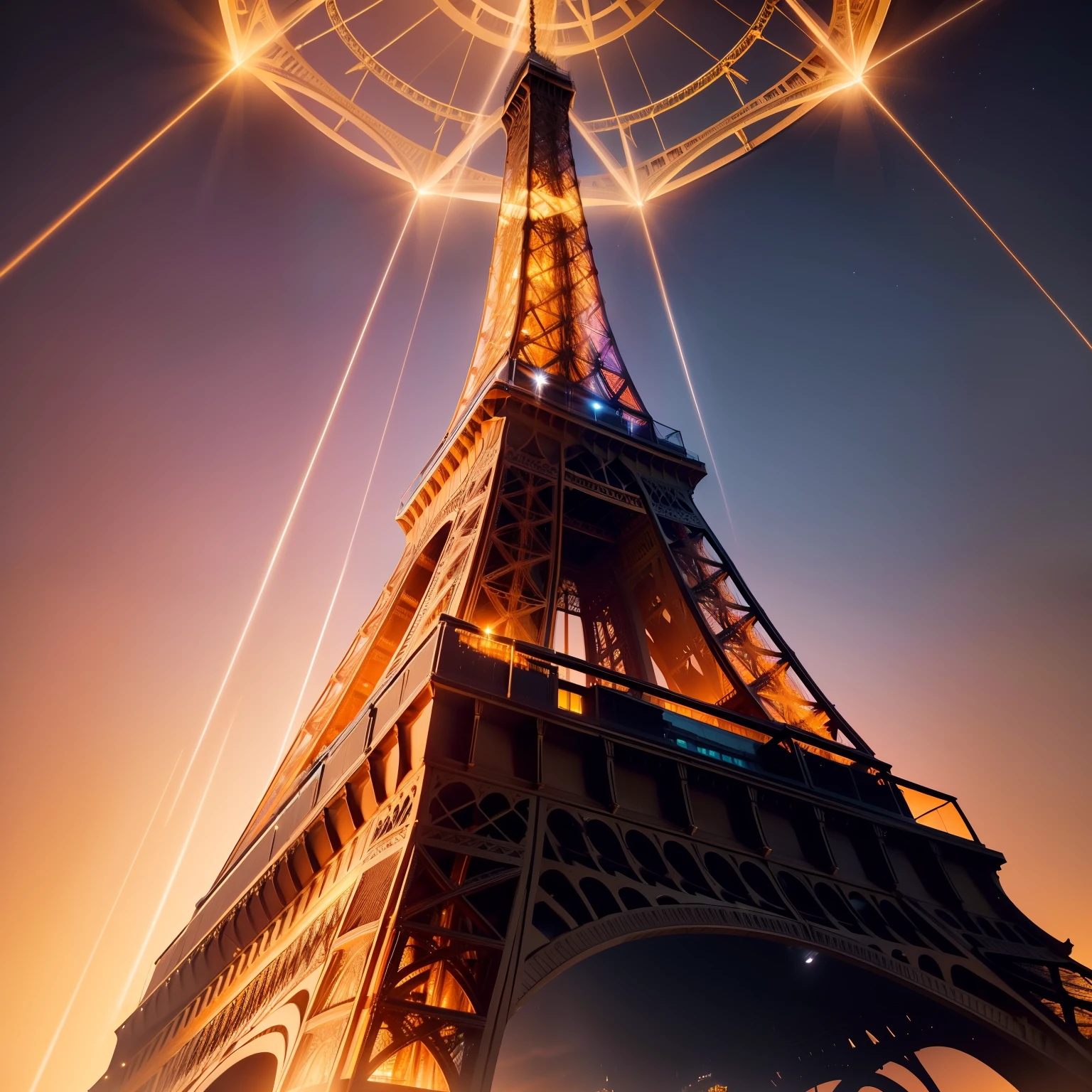 ((high-angle shot)) Torre Eiffel dorada, en la noche decorada con luces doradas y decorado de color oro ,Kinematic, Cinematographer, afilado, Hasselblad, Dramatic lighting, profundidad de campo, Plano medio, Paleta de colores suaves, 80mm, incredibly high detailed, lightroom gallery,