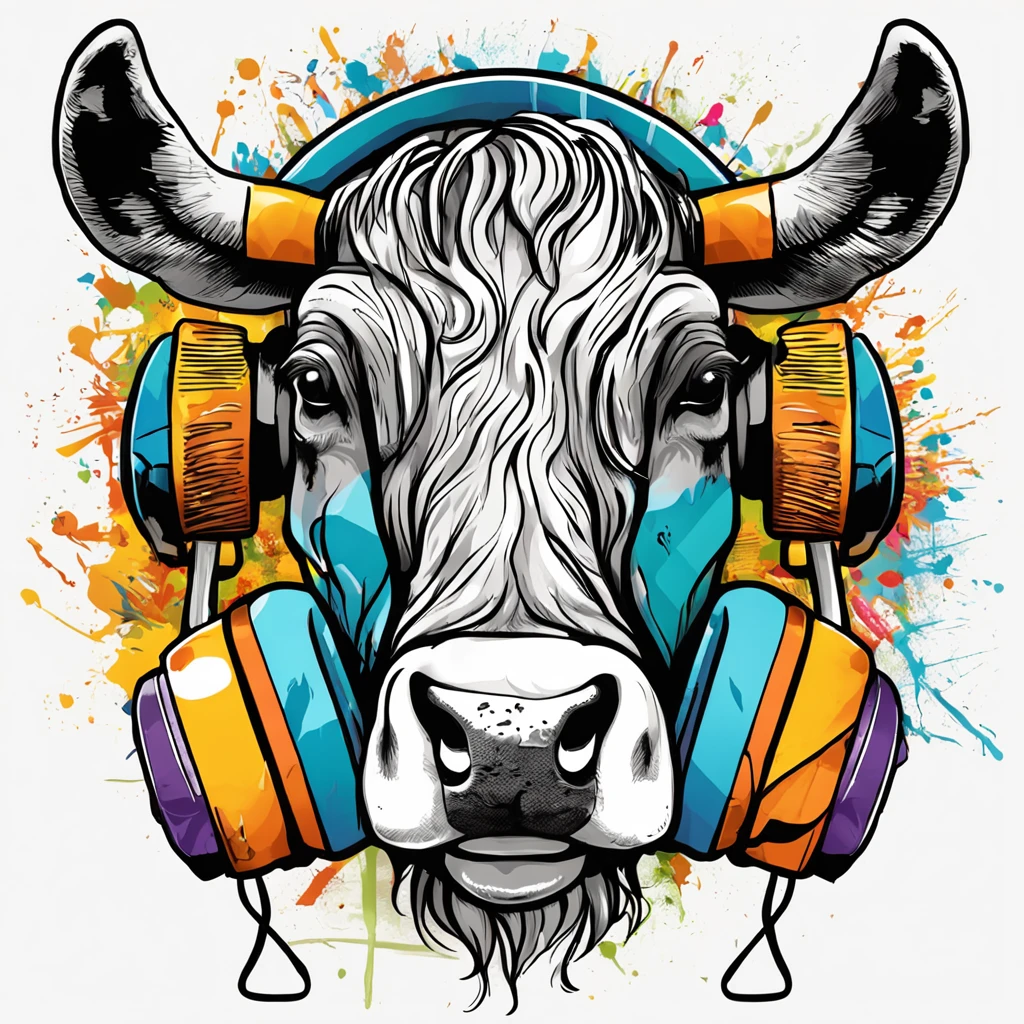 ready-to-print vector t-shirt art colorful graffiti illustration of a cow with headphones, front perspective, action shot, vibrant colors, high detail, white background -- badly done atre, mutations