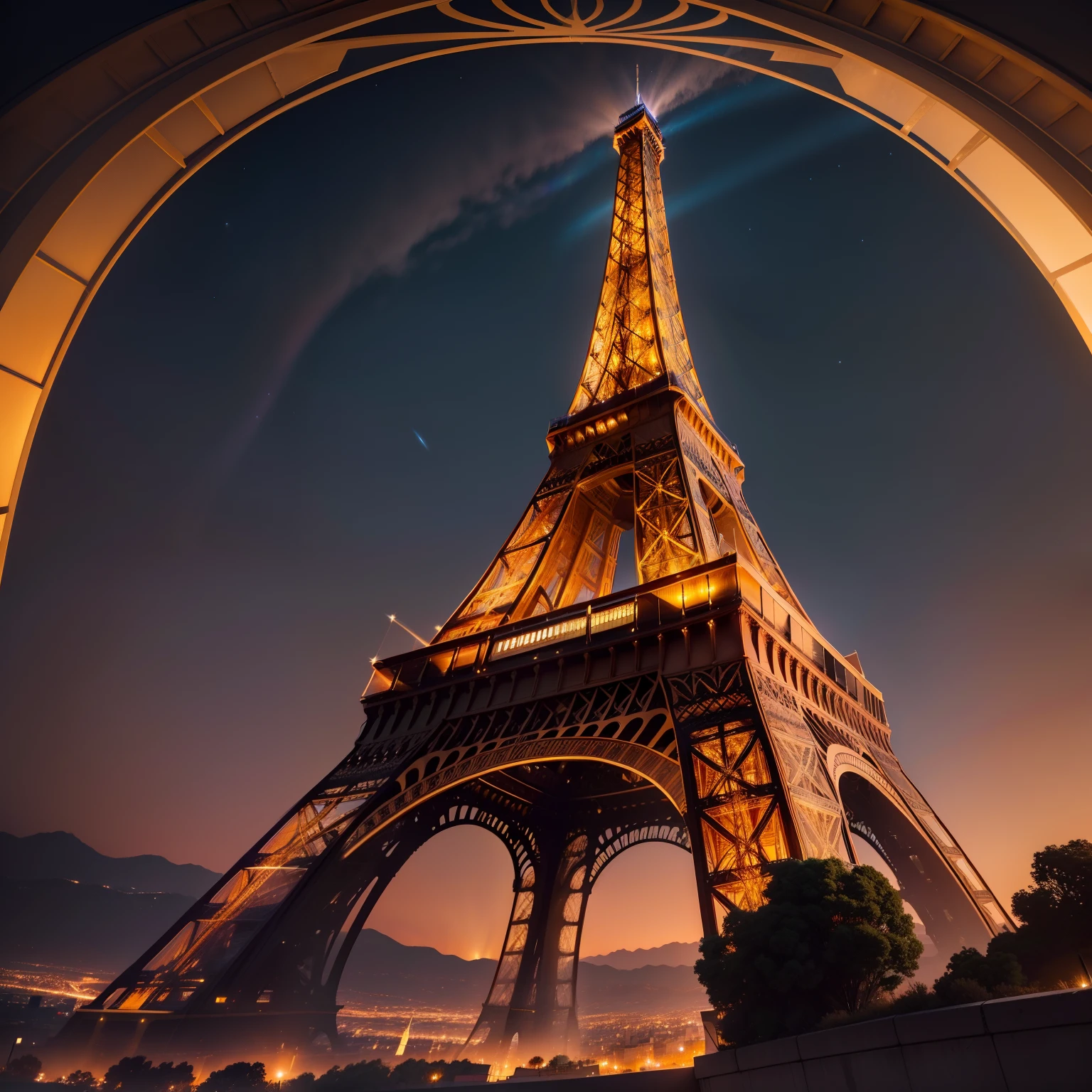 ((high-angle shot)) Torre Eiffel dorada, en la noche decorada con luces doradas y decorado de color oro ,Kinematic, Cinematographer, afilado, Hasselblad, Dramatic lighting, profundidad de campo, Plano medio, Paleta de colores suaves, 80mm, incredibly high detailed, lightroom gallery,
