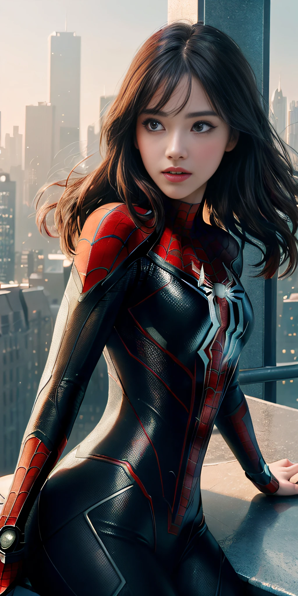 (1girl:1.3), Solo, (((Very detailed face)))), ((Very detailed eyes and face)))), Beautiful detail eyes, Body parts__, Official art, Unified 8k wallpaper, Super detailed, beautiful and beautiful, beautiful, masterpiece, best quality, original, masterpiece, super fine photo, best quality, super high resolution, realistic realism, sunlight, full body portrait, amazing beauty, dynamic pose, delicate face, vibrant eyes, (from the front), She wears Spider-Man suit, red and black color scheme, spider, very detailed city roof background, rooftop, overlooking the city, detailed face, detailed complex busy background, messy, gorgeous, milky white, highly detailed skin, realistic skin details, visible pores, clear focus, volumetric fog, 8k uhd, DSLR, high quality, film grain, fair skin, photo realism, lomography, futuristic dystopian megalopolis, translucent