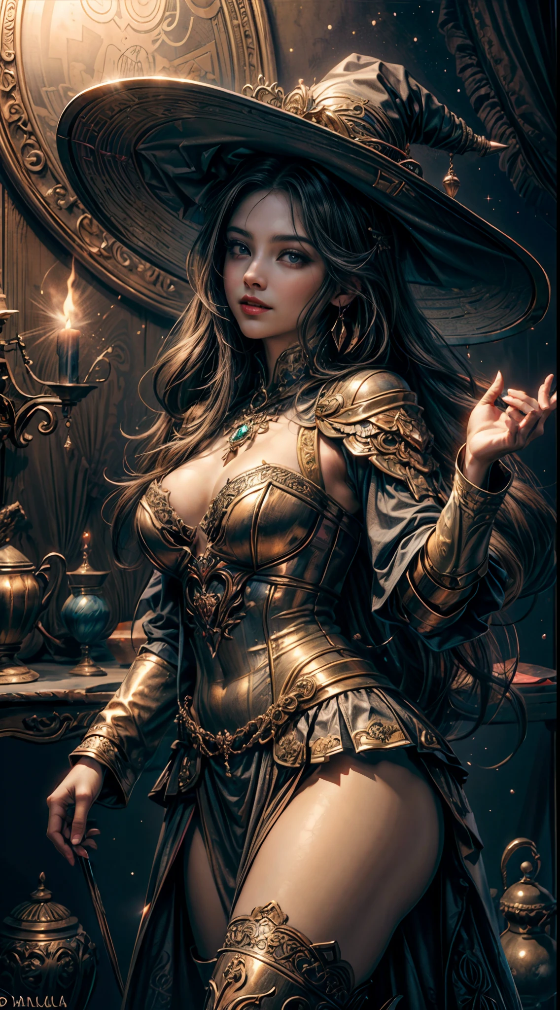 ((obra-prima)), ((melhor qualidade)), ((Ultra Detalhado)), (Awesome: 1.1), ((papel de parede extremamente detalhado da unidade CG 8k)), (8k, Foto RAW, melhor qualidade, obra-prima: 1.2), (realista, Foto realista: 1.4), (renderizado: 1.4), (renderizado: 1.4), Ultra realismo, high-resolution, NVIDIA RTX Ray Tracing, octan render, imagem de corpo inteiro, 1 garota linda, olhando para o espectador, Mago lendo um grande livro de magia em uma biblioteca antiga de uma torre de tijolos de pedra medieval, Her hair is long and black with shine, wearing a big witch's hat, His eyes are large and blue and well detailed, ela usa vestes escuras negras e azuis estampadas com estrelas prateadas e luas crescentes brilhantes, leve sorriso, Detailed and symmetrical face, perfectly proportions, biting lips, sexual excitement, sexual expression, corpo voluptuoso, thick legs with well-defined muscles, quadris largos, cintura fina, well-defined abdomen, seios grandes e empinados, mamilos protuberantes pontudos, pele parda com leve brilho de suor, estantes de livros antigos ao fundo, quarto ligeiramente escuro, lighting by chandeliers and torches on the walls, A faint haze of smoke billows out of candles and torches, Magical crystal ball with purple luminescent aura and purple rays on an old wooden table in the background, grandes janelas em arco, Deeply dark night through the windows, very starry dark sky, estrelas cadentes, grande lua semicoberta por nuvens, raios de luz da lua, diffuse lighting, fantasia, intrincado, dinamic angle, elegante, altamente detalhado, realista, 8k 3D, cinematic lighthing.