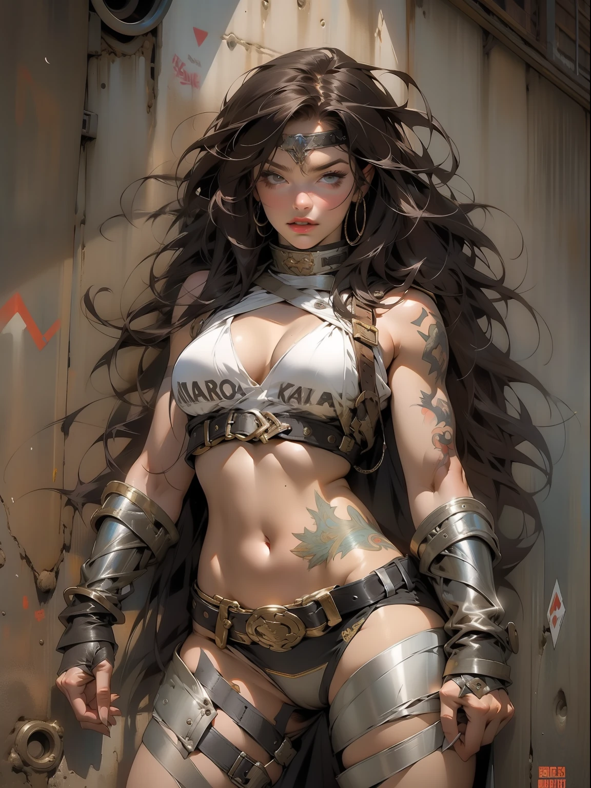 Uma guerreira mulher de 35 anos musculosa quase nua no estilo Simon Bisley para a capa da revista Heavy Metal, cabelo metade preto metade branco, Minimum clothing, Roupas curtas, (((mulher))), (((melhor qualidade))), (((obra prima))), (((adulta))), Uma guerreira mulher de 35 anos com corpo perfeito, Brooklyn Gladiators, hand with steel gloves and metal tips, (( under boobs )), (( Tiny thong )), quase nua no estilo selvagem urbano de Simon Bisley para a capa da revista 2000 A.D., cabelo curto desalinhado, Minimum clothing, arm with heavy metal protection full of tips, tatuagem tribal, estrelas de 5 pontas, (((corpo inteiro))), cabelo preto curto com franja branca cobrindo a testa