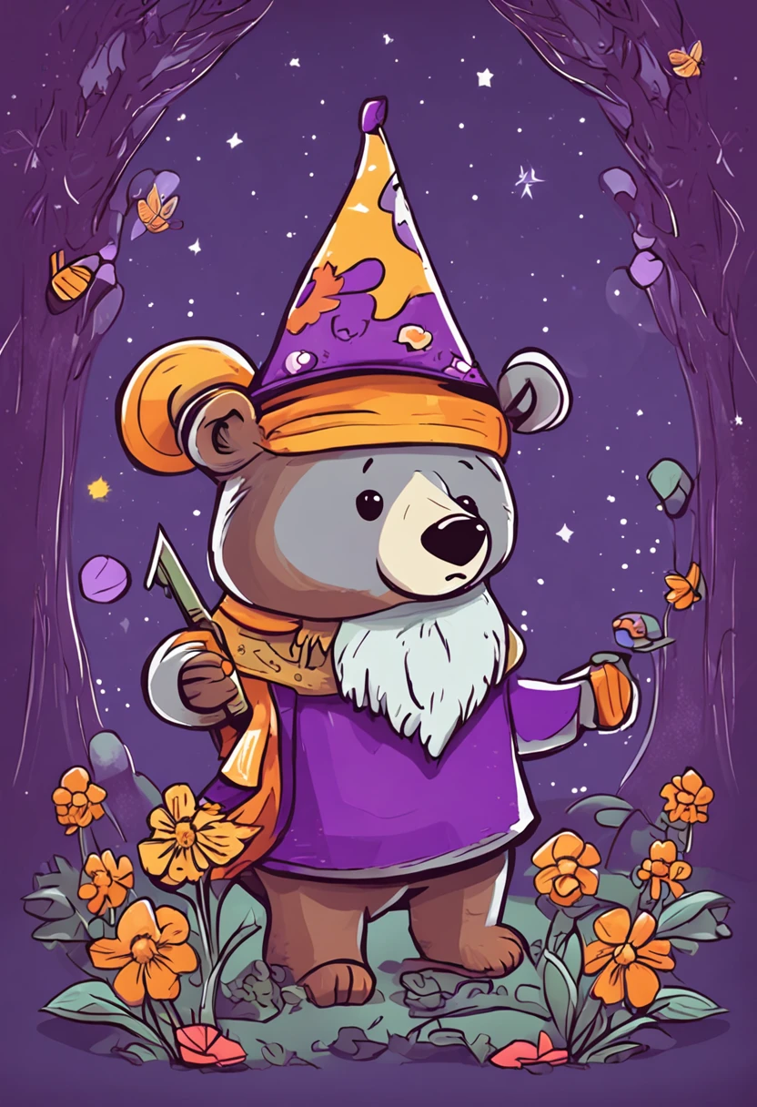 Crie uma menininha de cabelo castanho curto, A bear with a silly face and a mage with a number hat in purple within the context "Crie uma imagem que retrate uma clareira ensolarada em um parque, onde uma menininha chamada Luna segura um pergaminho dourado. Ao redor dela, Draw tall trees and colorful flowers to create a vibrant environment. No centro da clareira, illustrate the Wizard Matemágico with a pointed hat and a cape adorned with bright numbers. Ao lado dele, put the Bear Bobalhão, cantarolando animadamente."