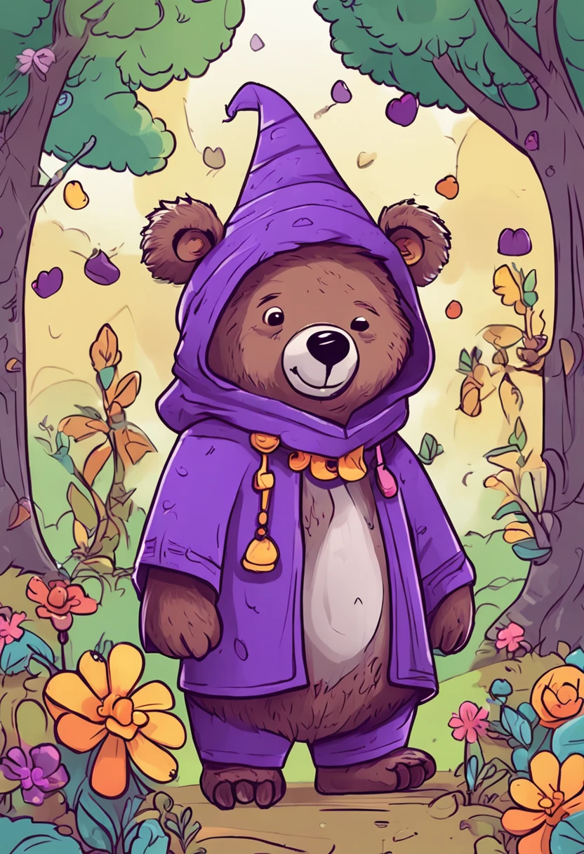 Crie uma menininha de cabelo castanho curto, A bear with a silly face and a mage with a number hat in purple within the context "Crie uma imagem que retrate uma clareira ensolarada em um parque, onde uma menininha chamada Luna segura um pergaminho dourado. Ao redor dela, Draw tall trees and colorful flowers to create a vibrant environment. No centro da clareira, illustrate the Wizard Matemágico with a pointed hat and a cape adorned with bright numbers. Ao lado dele, put the Bear Bobalhão, cantarolando animadamente."