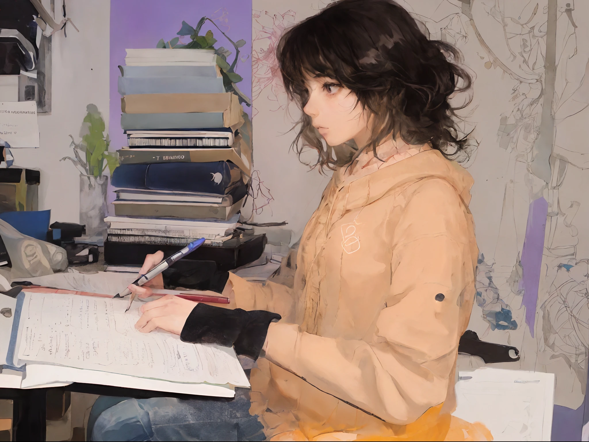 There is a woman sitting at a desk with a book and a pen., pelo recogido en coleta, lleva guantes negros, Estudiar en el dormitorio, tratando de estudiar, Estudiando, sat at her desk, estudioso, illustration!, laborable, Sentado en el escritorio, sat at a desk, Estudiante femenina de arte emo, Postura del hombro en la parte delantera, claroscuro estudioso, Sentado en un escritorio