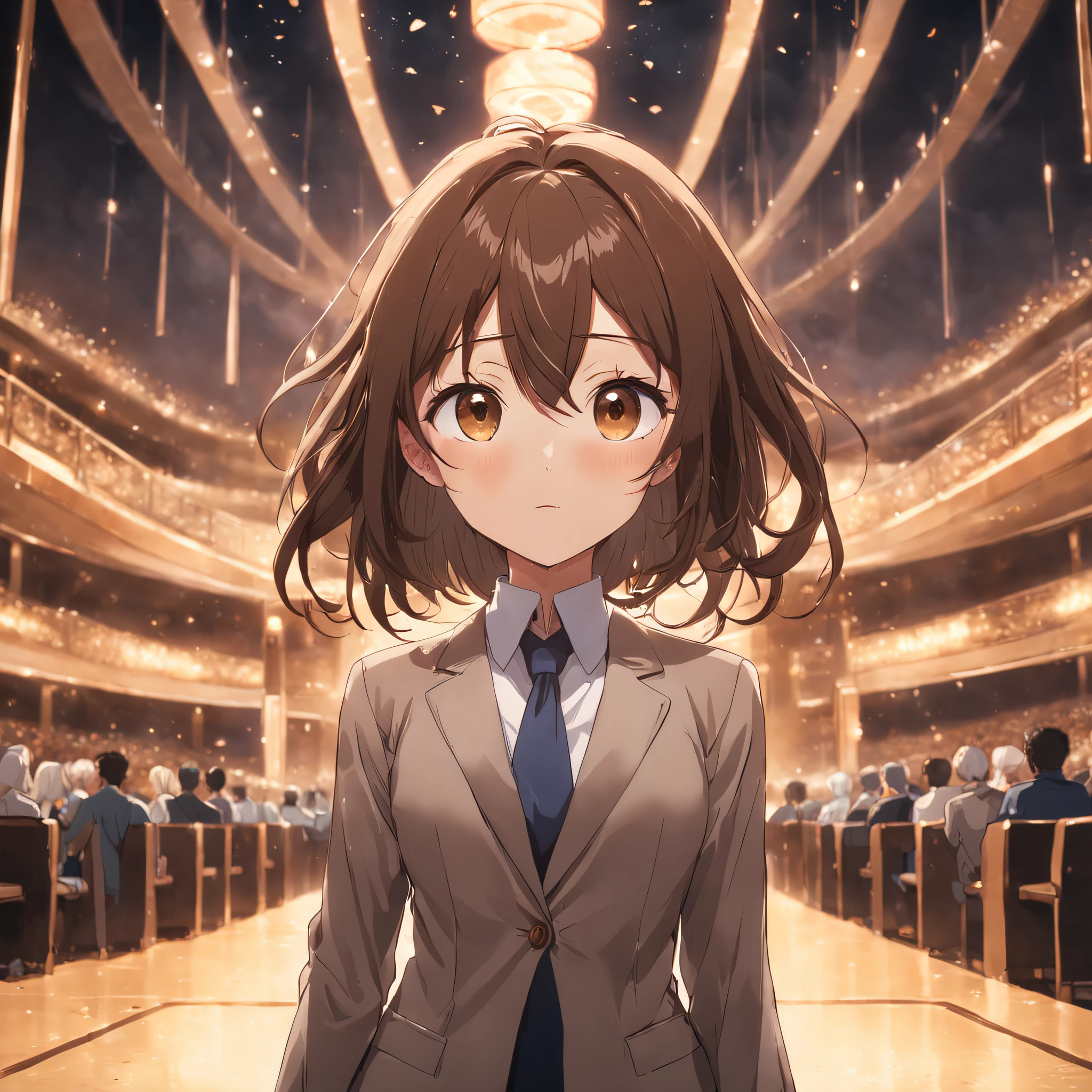 Best Quality, masutepiece, beautiful mature women、Beautiful face、Strong-minded woman、Office Suits、brown haired、Brown-eyed、Medium Hair、40 years、s Office、Raise your hand a little in greeting