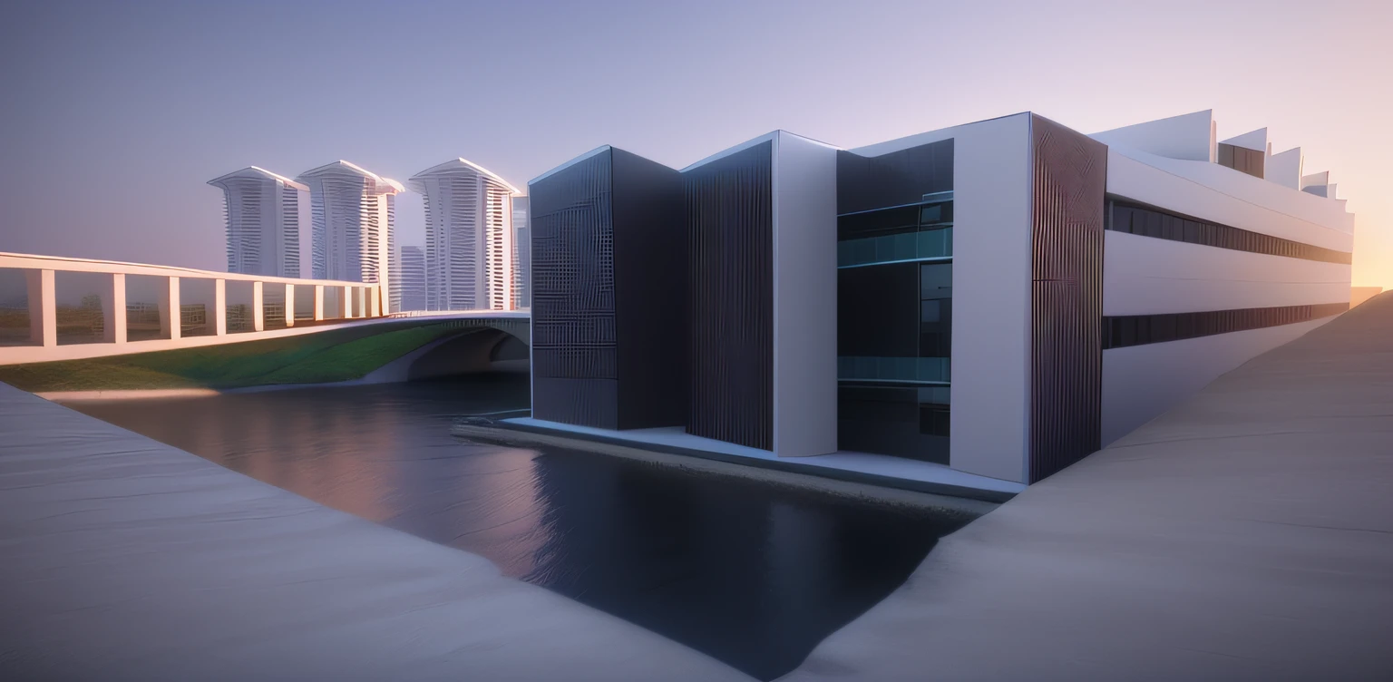 There is a 3D image of a building with a bridge, architectural concept, Modelo 3D renderizado, Modelo renderizado 3D, 3 d renderizado, 3d renderizado, in style of 3d render, 3 - D render, with 3d render, with 3d render, perspective view, renderizado em maia 4 d, 3D rendering, renderizado em mais. I want realistic rendering with high-tech architecture. Muitas arvores. real skies.