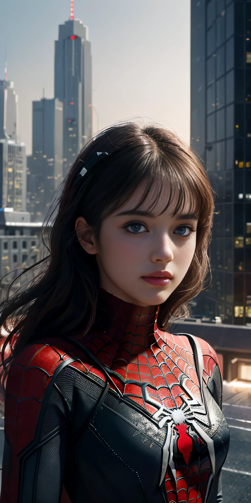 (1girl:1.3), Solo, (((Very detailed face)))), ((Very detailed eyes and face)))), Beautiful detail eyes, Body parts__, Official art, 8k unified wallpaper, Super detailed, beautiful and beautiful, beautiful, masterpiece, best quality, original, masterpiece, super thin photo, best quality, super high resolution, realistic realism, sunlight, full body portrait, amazing beauty, dynamic pose, delicate face, vibrant eyes, (from front), She wears Spider-Man suit, red and black color scheme, spider, night city roof background, very detailed, roof, with city view, detailed face, detailed complex busy background, messy, gorgeous, milky white, highly detailed skin, realistic skin details, visible pores, clear focus, volumetric mist, 8k uhd, DSLR, high quality, film grain, light skin, photographic realism, lomography, futuristic dystopian megalopolis, translucent