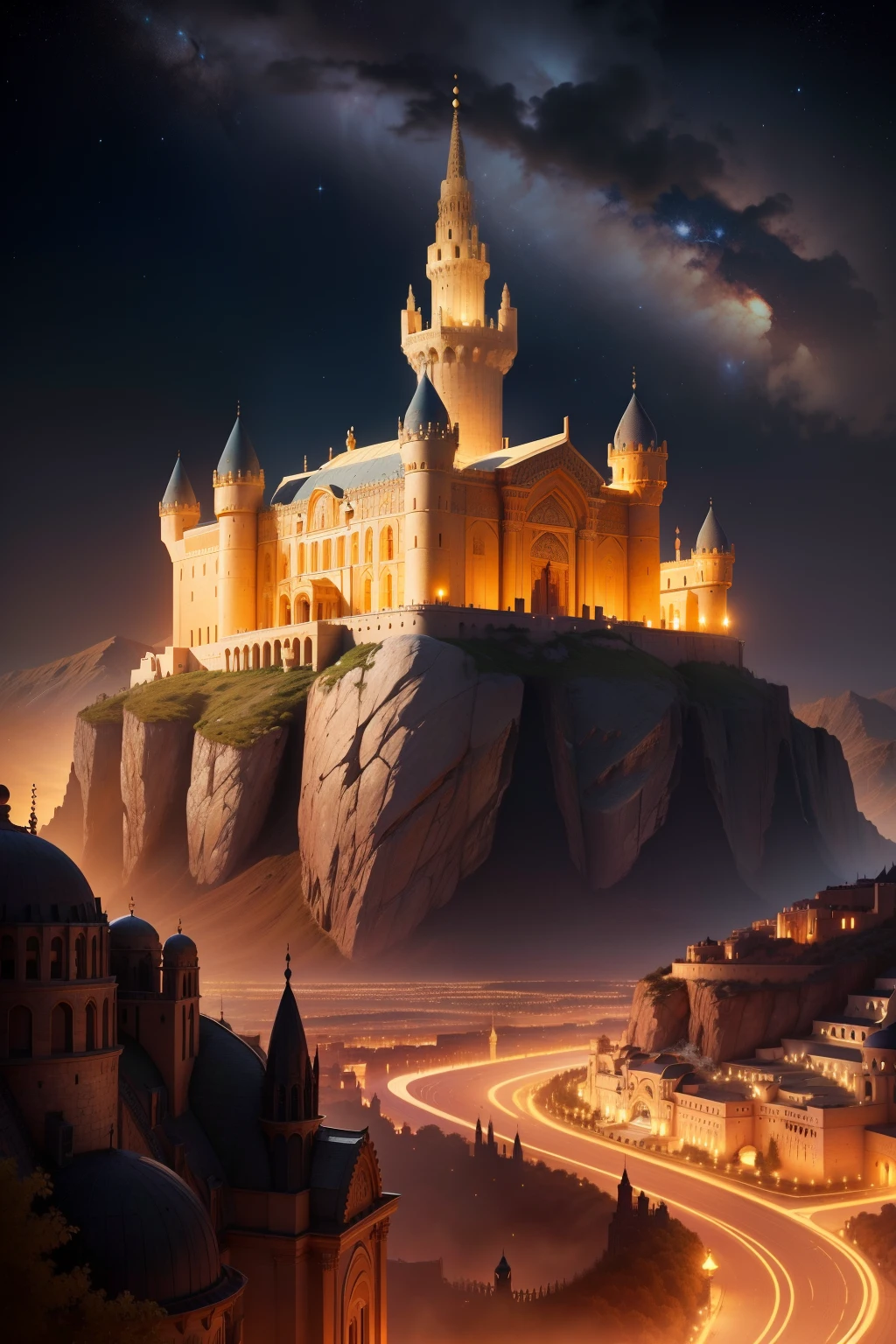 Antique architecture，babel，Mountains，the night，Stars，Castle，Golden Palace，Islamic culture，Greek classical culture，Interstellar culture