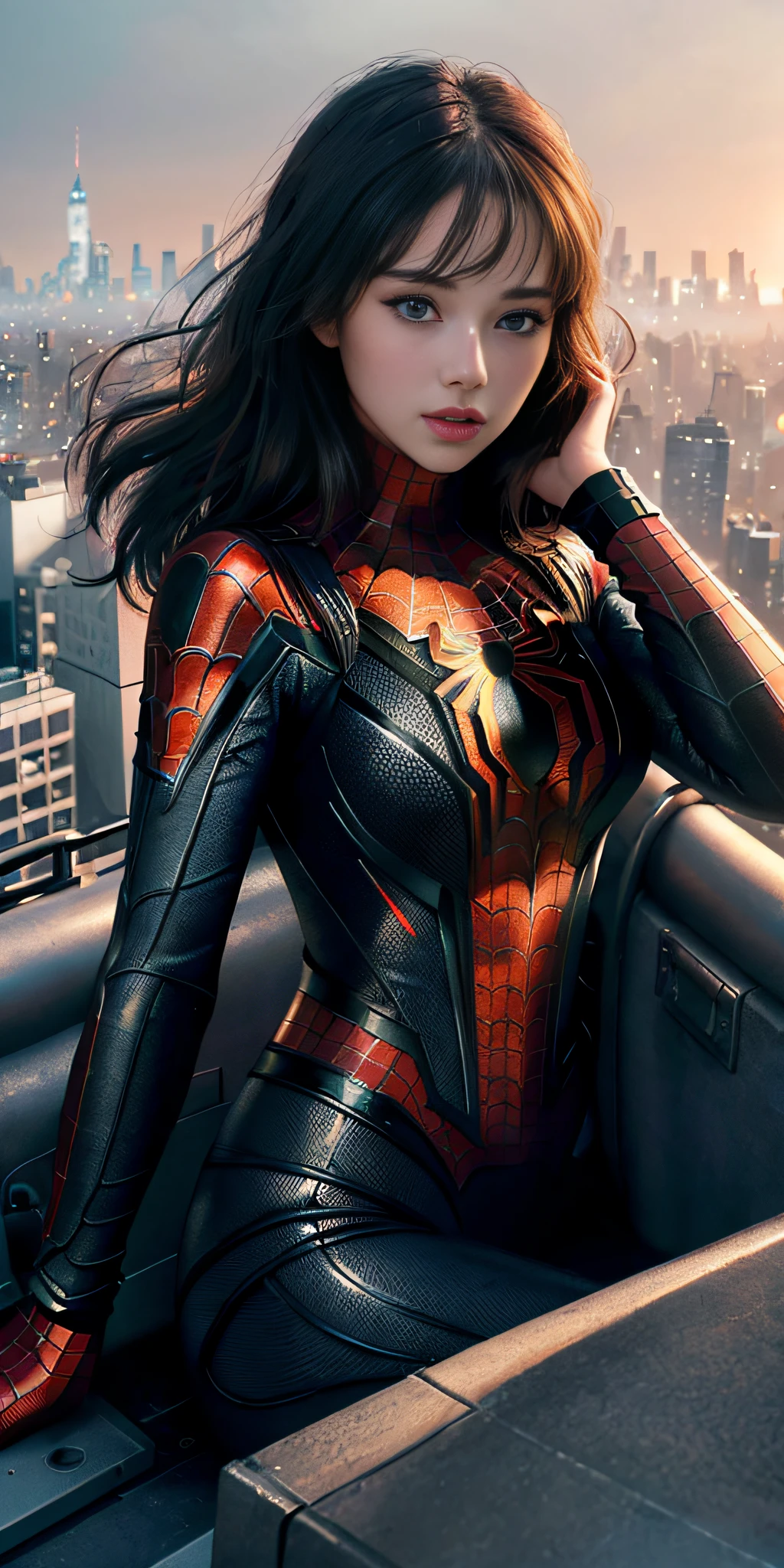 (1girl:1.3), Solo, (((Very detailed face)))), ((Very detailed eyes and face)))), Beautiful detail eyes, Body parts__, Official art, 8k unified wallpaper, Super detailed, beautiful and beautiful, beautiful, masterpiece, best quality, original, masterpiece, super thin photo, best quality, super high resolution, realistic realism, sunlight, full body portrait, amazing beauty, dynamic pose, delicate face,  vibrant eyes, (from front), She wears Spider-Man suit, red and black color scheme, spider, night city roof background, very detailed, roof, with city view, detailed face, detailed complex busy background, messy, gorgeous, milky white, highly detailed skin, realistic skin details, visible pores, clear focus, volumetric mist, 8k uhd, DSLR,  high quality, film grain, light skin, photographic realism, lomography, futuristic dystopian megalopolis, translucent