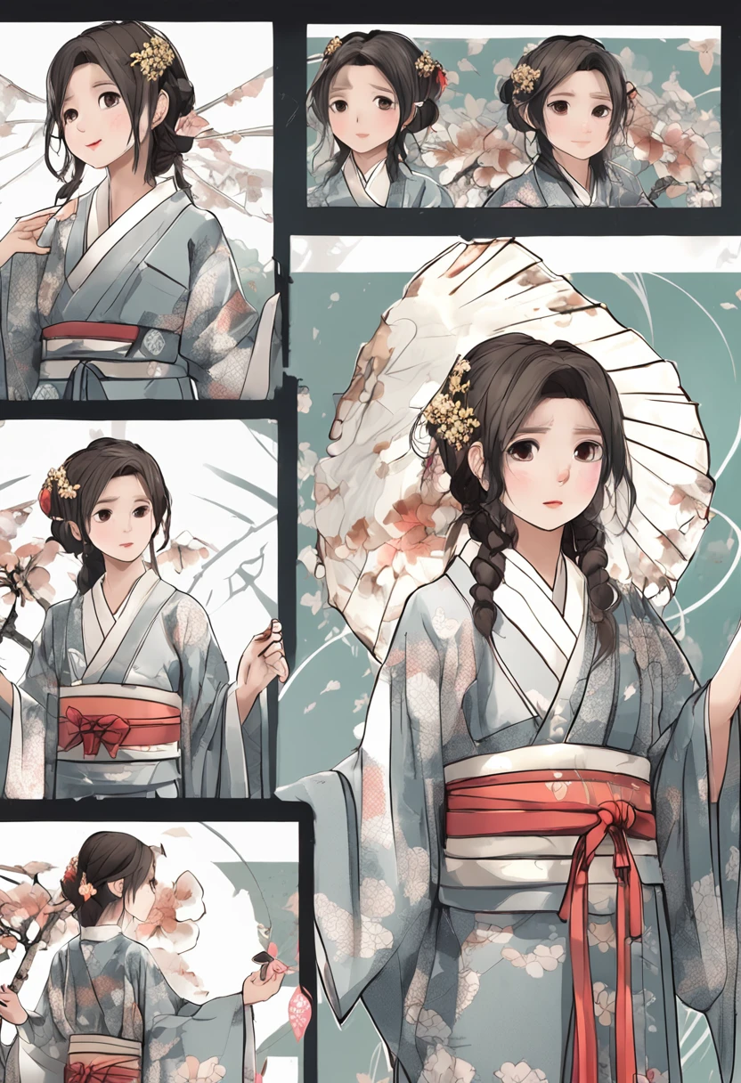 Japan girl in standing kappo kimono, (Same character), three view drawing, Front and sides and back, Character Sheet, Full body, White background, (8K, Highest Quality, ​masterpiece, high details, Ultra-Details)