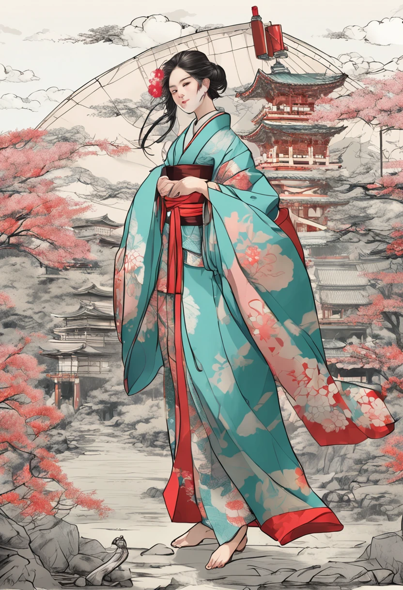Japan girl in standing kappo kimono, (Same character), three view drawing, Front and sides and back, Character Sheet, Full body, White background, (8K, Highest Quality, ​masterpiece, high details, Ultra-Details)
