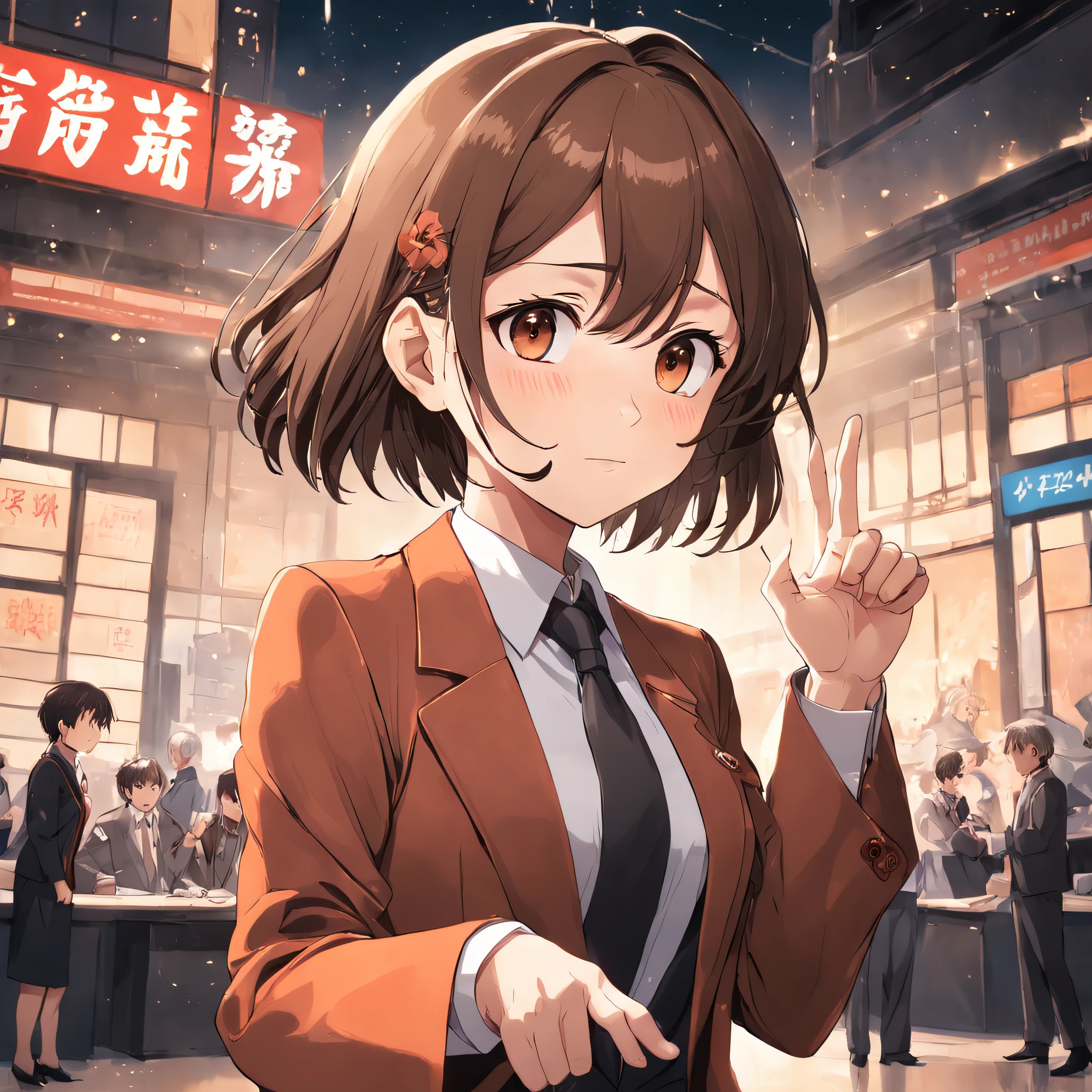 Best Quality, masutepiece, beautiful mature women、Beautiful face、Strong-minded woman、Office Suits、brown haired、Brown-eyed、Medium Hair、40 years、s Office、Raise your hand a little in greeting