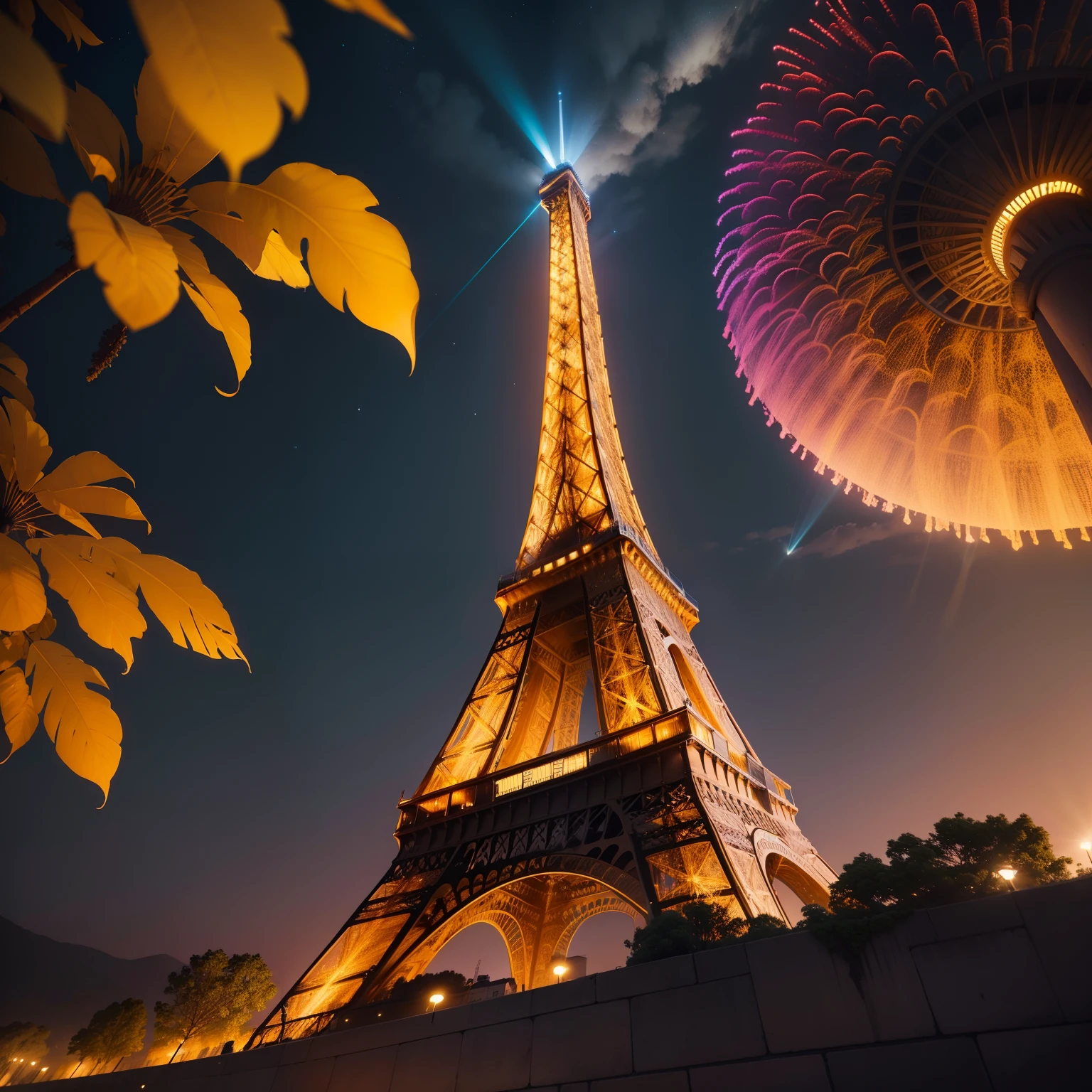 ((high-angle shot)) Torre Eiffel dorada, en la noche decorada con luces doradas y decorado de color oro , y fuegos artificiales , y mucha gente en el suelo ,Kinematic, Cinematographer, afilado, Hasselblad, Dramatic lighting, profundidad de campo, Plano medio, Paleta de colores suaves, 80mm, incredibly high detailed, lightroom gallery,