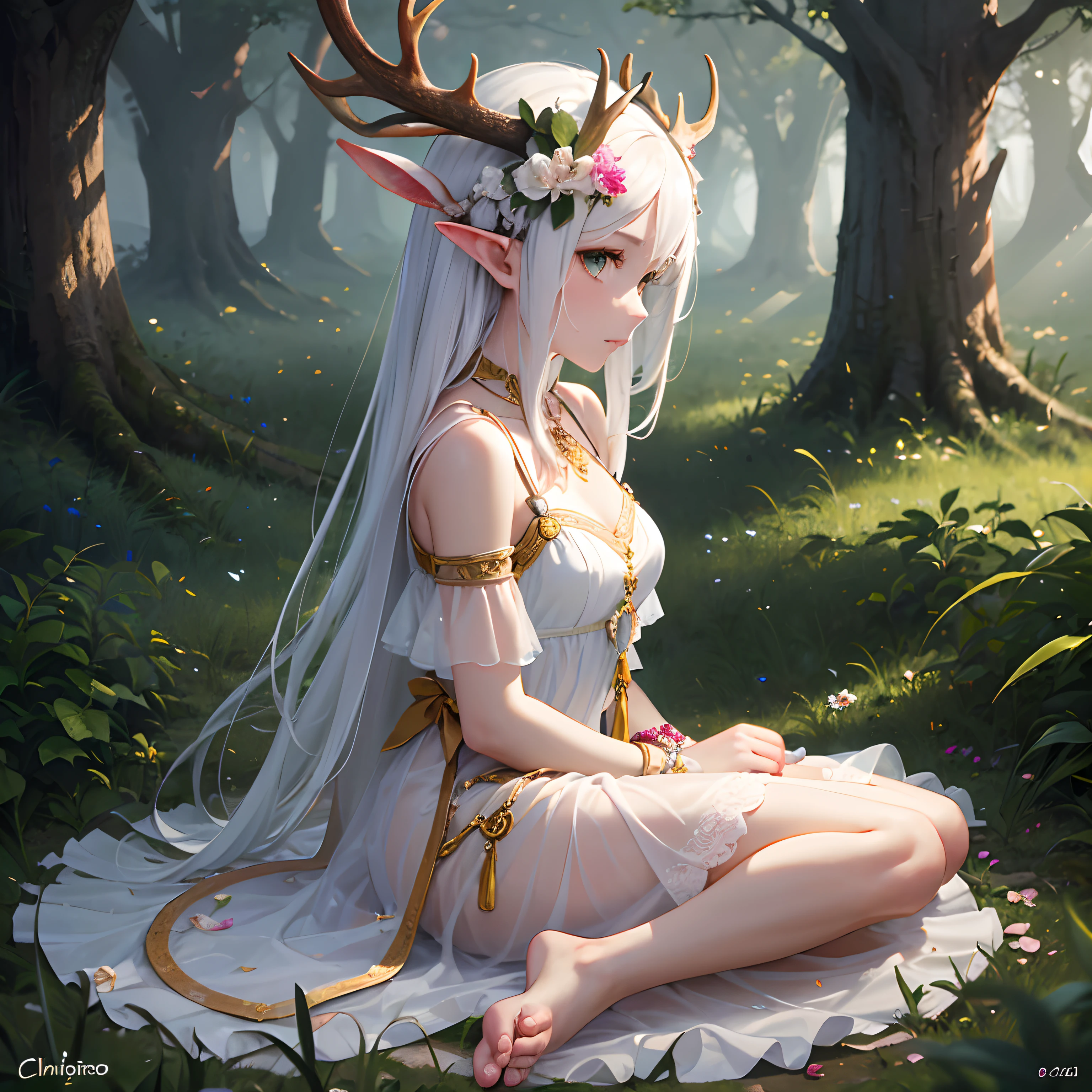 (original), (masterpiece) , (best quality), (reality),photorealistic, Octane rendering, (surreal:1.1), perfect features,1 girl, colorful,translucent hair, (glowing inner hair),the perfect appearance,(Elk horn on head:1.35),white hair,[green eyes | yellow eyes],(loli),(barefoot sandals:1.25),(forest:1.2),(lace-trimmed dress:1.15),(chiaroscuro lighting:1.2),(see-through clothes),(profile:0.85),(looking at viewer:1.25), [:green eyes:12],(flower bracelet),elf,short hair
