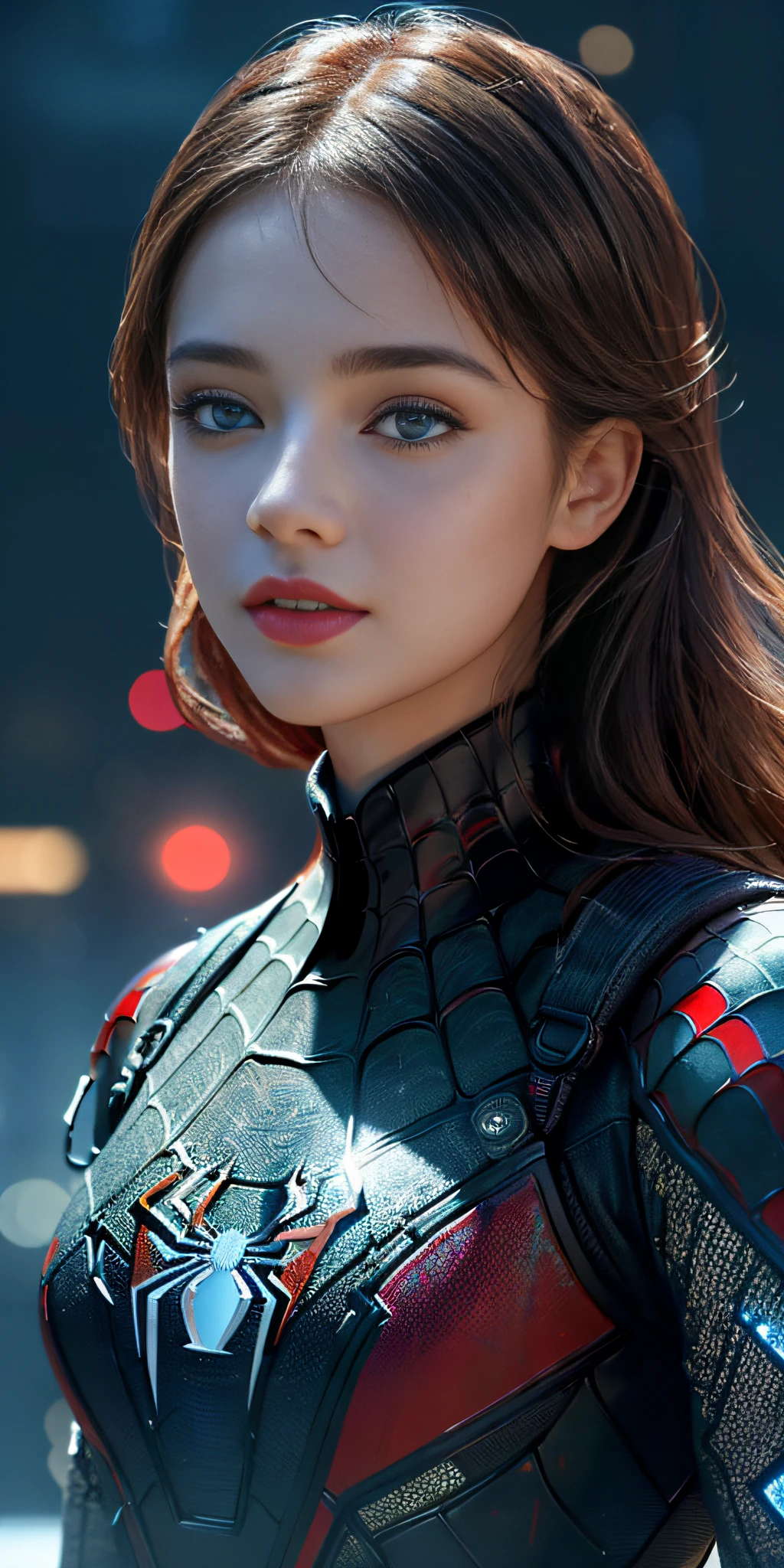 (1girl:1.3), Solo, (((Very detailed face)))), ((Very detailed eyes and face)))), Beautiful detail eyes, Body parts__, Official art, 8k unified wallpaper, Super detailed, beautiful and beautiful, beautiful, masterpiece, best quality, original, masterpiece, super thin photo, best quality, super high resolution, realistic realism, sunlight, full body portrait, amazing beauty, dynamic pose, delicate face, vibrant eyes, (from front), She wears Spider-Man suit, red and black color scheme, spider, night city roof background, very detailed, roof, with city view, detailed face, detailed complex busy background, messy, gorgeous, milky white, highly detailed skin, realistic skin details, visible pores, clear focus, volumetric mist, 8k uhd, DSLR, high quality, film grain, light skin, photographic realism, lomography, futuristic dystopian megalopolis, translucent