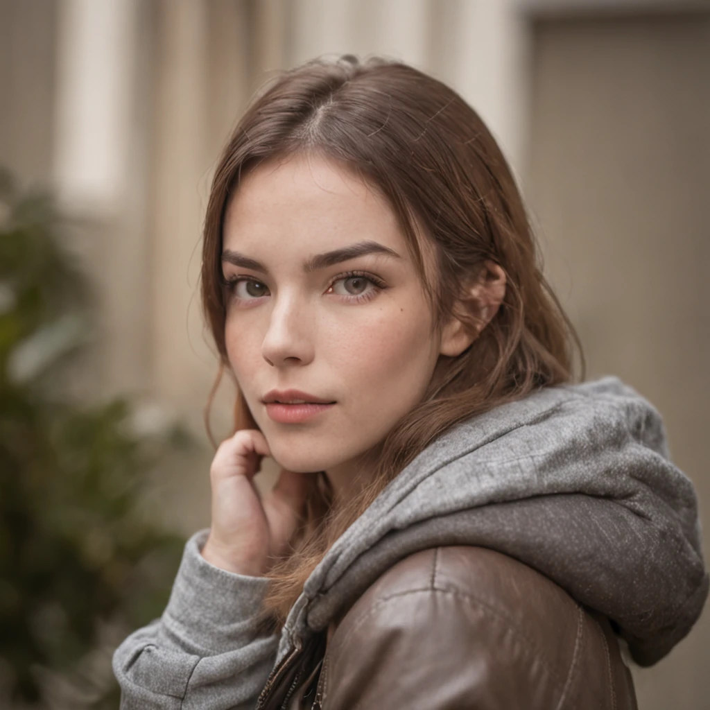 A portrait photo of a woman, Nice perfect face, 50 millimeters, Cinematic, Natural light, narrow shoulders, hoody,