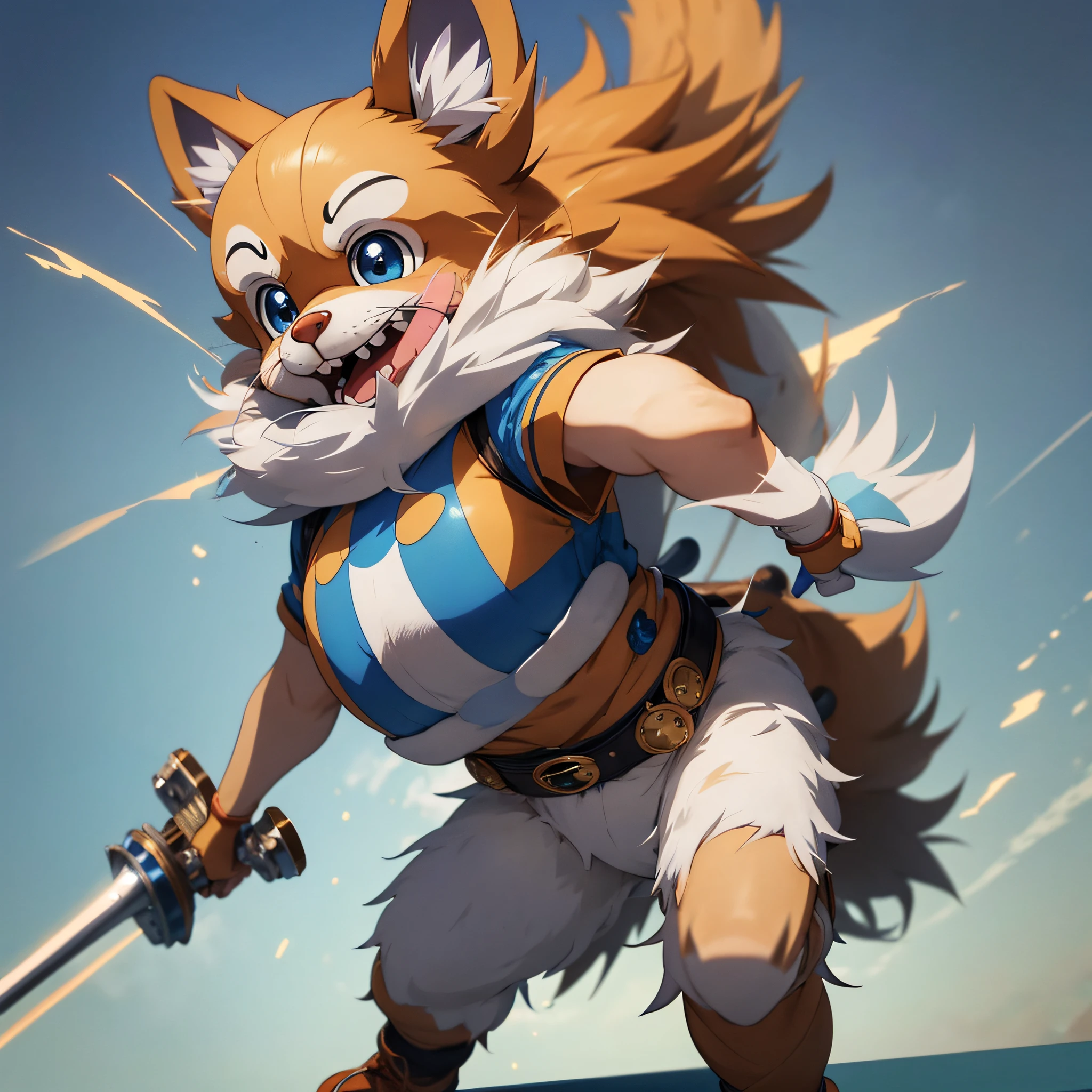 (anime 3D, best quality), ultra-detailed, dynamic angle, dynamic pose, (mascot, Chopper, One Piece), furry, cute, big eyes, blue nose, fluffiness, white and brown fur, whimsical outfit, cartoony textures, vibrant colors --auto --s2