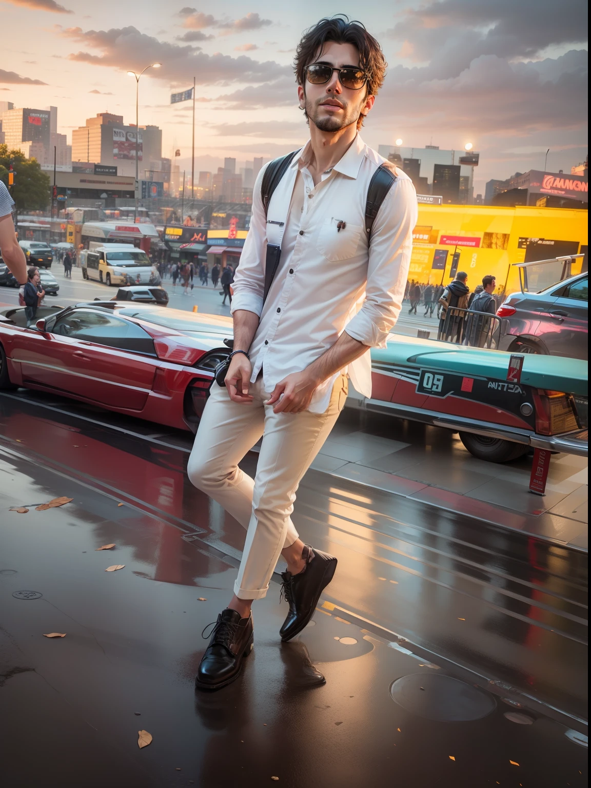 handsome boy, realistic face, background time square City