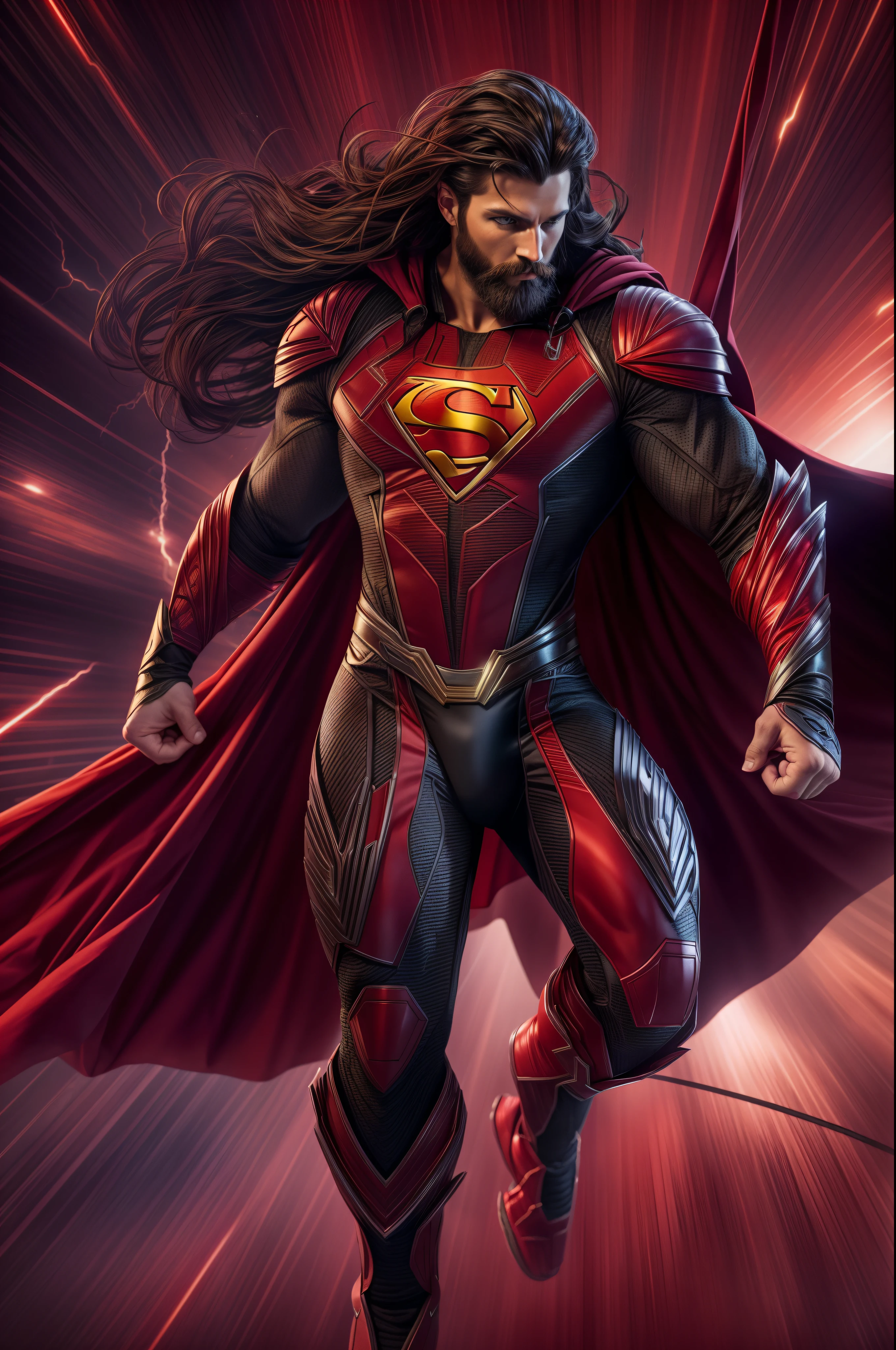 An intricate carbon and red Superhero in a cyber suit, extravagant dark red silk Cape, no helmet, has long hair and a beard, his super powers are strength and flight, shooting lightning out of hands, laser eyes, levitating, extremely detailed suit, micro-details, photorealism, one light, dark photo, deep shadows, shallow depth of field, photorealistic, Surrealism, high quality, masterpiece, 8k, 8k, super detail, full body portrait, extremely muscular