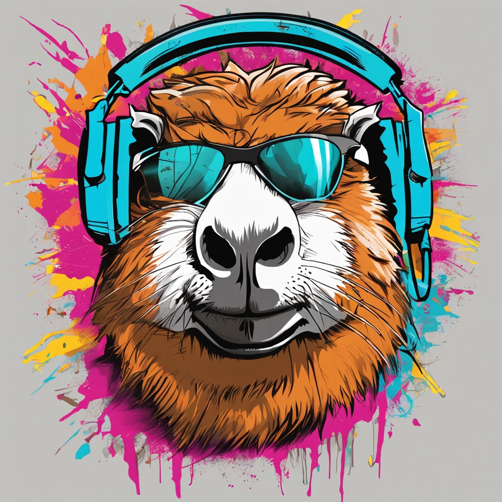 ready-to-print vector t-shirt art colorful graffiti illustration of a capybara with headphones, front perspective, action shot, vibrant colors, high detail, white background -- badly done atre, mutations