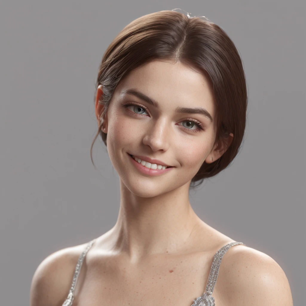 Side view,Persian woman, Smile: smooth soft skin, Symmetrical, Natural skin texture, Soft lighting, Detailed face, Has perfect blue eyes:1 Photorealism, soft pastel colors sparkling, looking at the camera in, photorealistic paintings, Sharp focus, 8K, Perfectcomposition, trending on artstationh, an award winning photograph, Unreal Engine 5, cinematic smooth, intricately details, studio photo, Highly detailed. Simple background.