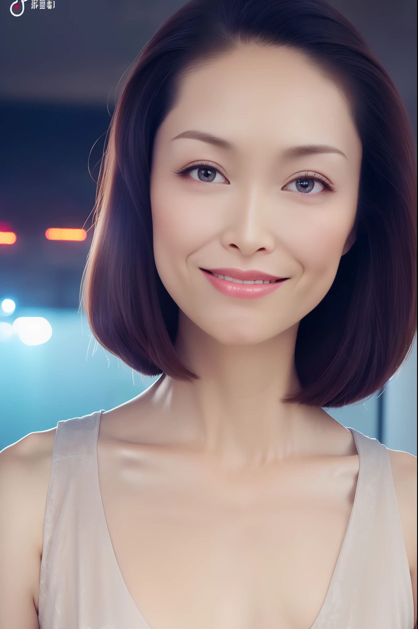 (8K, Raw photo, Photorealistic:1.25) ,( Lip gloss, Eyelashes, Glossy finish, Glossy skin, Best Quality, 超A high resolution, chromatic abberation, Caustics, Wide light, Natural Shadow) look with serenity and goddess-like bliss to the spectators,(depth of fields:1.4), (colorful unfocused lights on background:1.2) ,very natural make-up,Shot on a cloudy day.Wearing a gorgeous summer dress . Slender eyes.Downcast eyes. Short hair.The distant look in her eyes,Smiling,40year old mature woman.