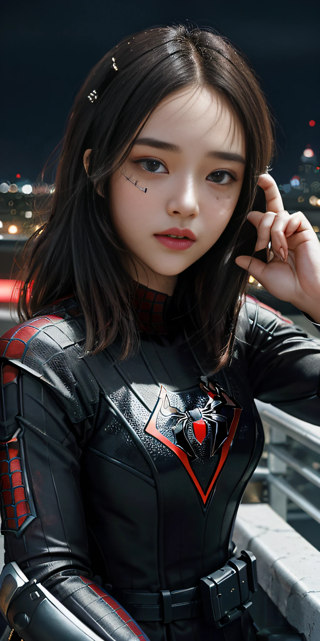 (1girl:1.3), Solo, (((Very detailed face)))), ((Very detailed eyes and face)))), Beautiful detail eyes, Body parts__, Official art, 8k unified wallpaper, Super detailed, beautiful and beautiful, beautiful, masterpiece, best quality, original, masterpiece, super thin photo, best quality, super high resolution, realistic realism, sunlight, full body portrait, amazing beauty, dynamic pose, delicate face, vibrant eyes, (from front), She wears Spider-Man suit, red and black color scheme, spider, night city roof background, very detailed, roof, with city view, detailed face, detailed complex busy background, messy, gorgeous, milky white, highly detailed skin, realistic skin details, visible pores, clear focus, volumetric mist, 8k uhd, DSLR, high quality, film grain, light skin, photographic realism, lomography, futuristic dystopian megalopolis, translucent