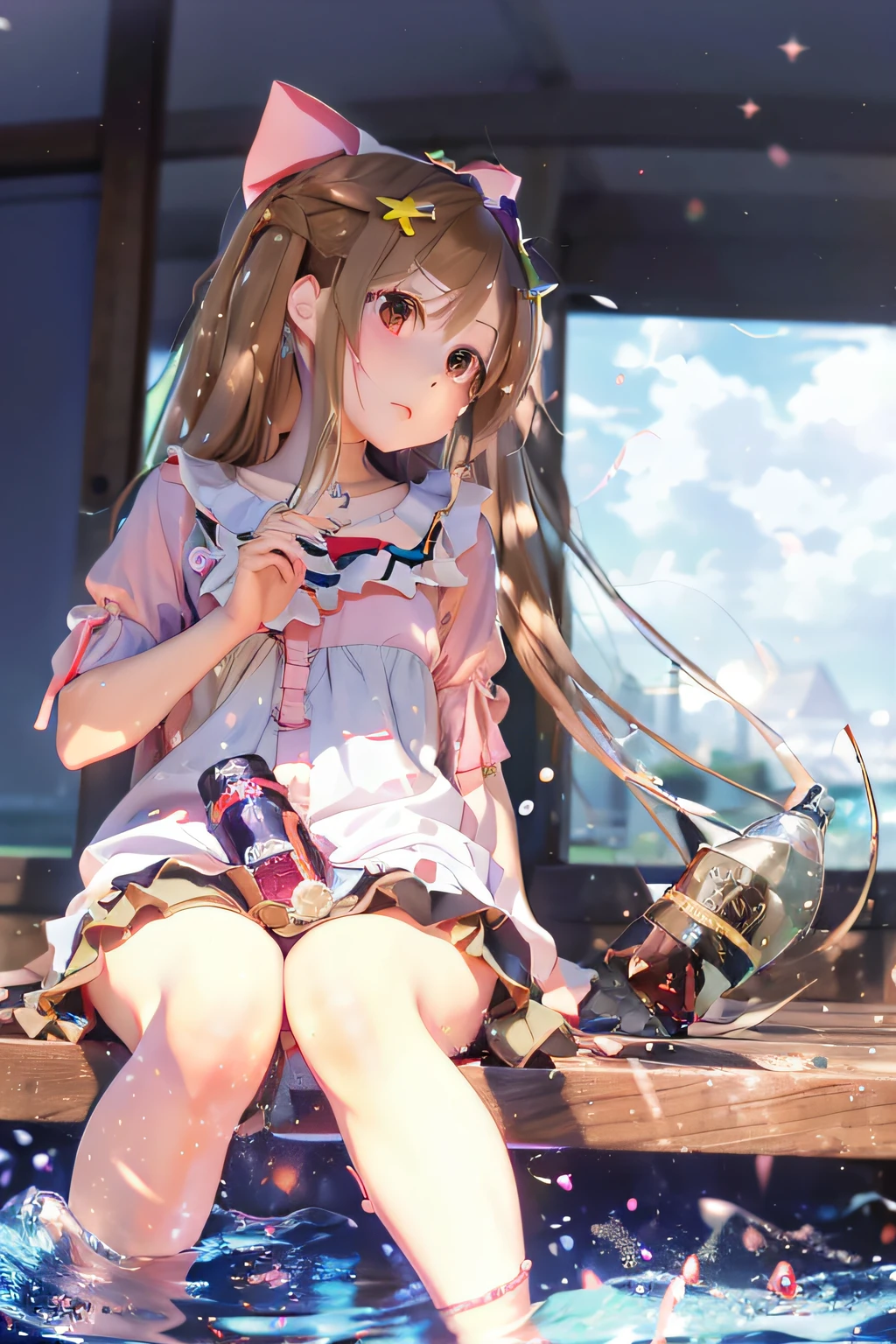 Anime girl sitting on bench drinking a bottle of Coke， small curvaceous loli, Anime girl with long hair, Splash art anime Loli, loli in dress, (Anime girl), Blonde anime girl with long hair, small loli girl, Cute anime girl, anime visual of a cute girl, anime girls drink Energy drink, Loli, pretty anime girl