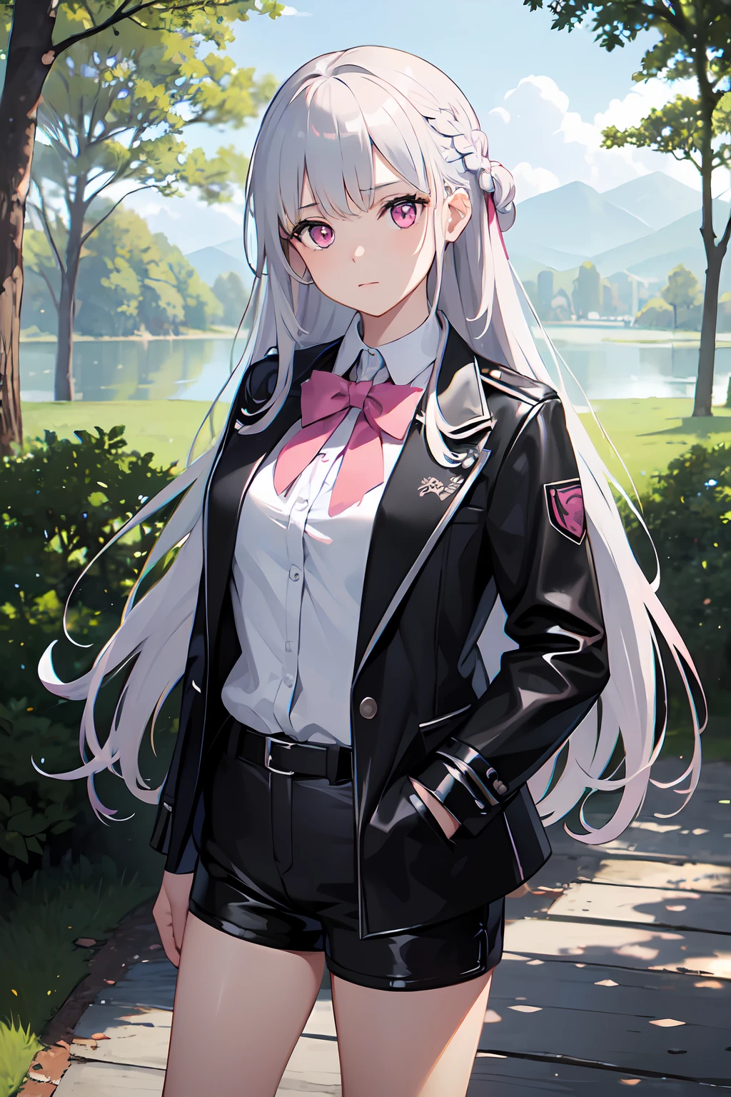 masterpiece, best quality, sharp focus, 1girl, solo, medium breasts, silver hair, long hair, french braid, pink eyes, white shirt, bow, jacket, the girl is wearing a full black jacket, leather shorts, standing, head tilt, hands on pockets, lake, trees, forest scenery