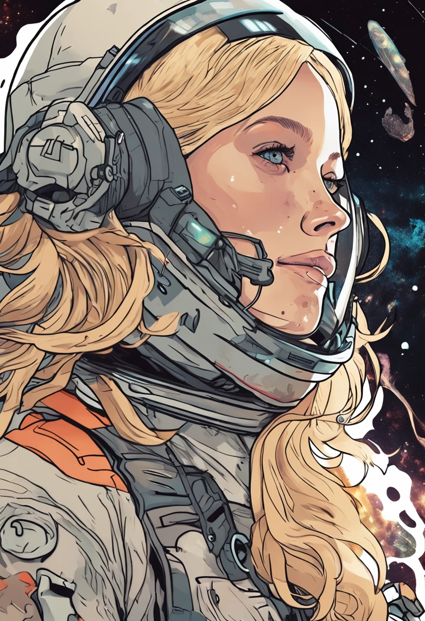 a sticker,Detailed portrait of a beautiful astronaut woman full of hope,Has wavy blonde hair,nier:automata inspired,bravely default inspired,A dynamic but dull but exhilarating cosmic projection,space nebula background,smooth,bold colour,expressionistic