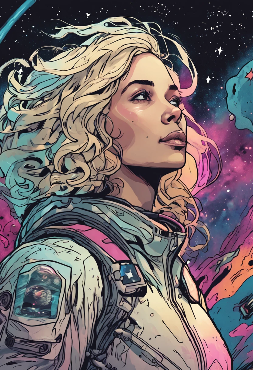 a sticker,Detailed portrait of a beautiful astronaut woman full of hope,Has wavy blonde hair,nier:automata inspired,bravely default inspired,A dynamic but dull but exhilarating cosmic projection,space nebula background,smooth,bold colour,expressionistic