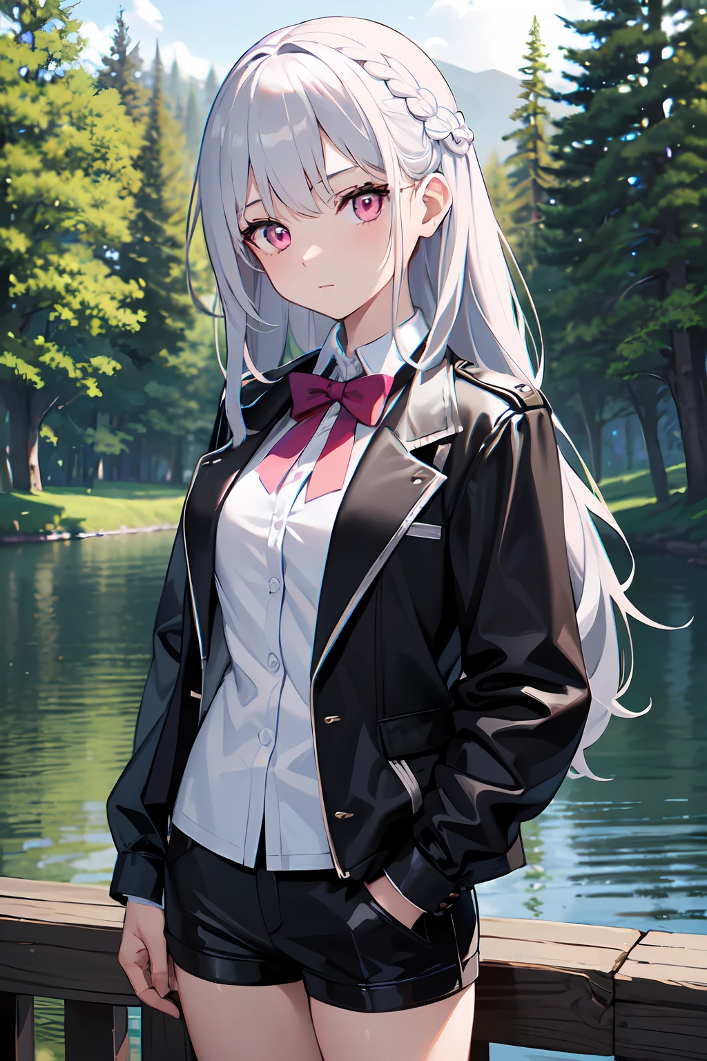 masterpiece, best quality, sharp focus, 1girl, solo, medium breasts, silver hair, long hair, french braid, pink eyes, white shirt, black bow, jacket, the girl is wearing a full black jacket, leather shorts, standing, head tilt, hands on pockets, lake, trees, forest scenery