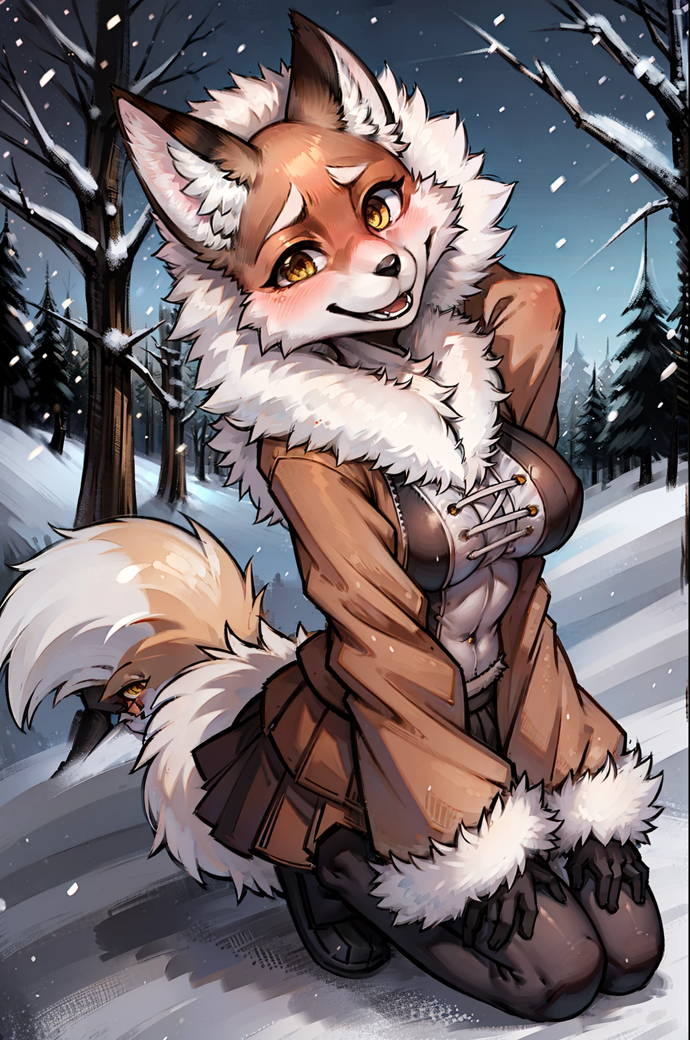 Alice, 独奏, 1girl, animal ears, Color: Red, Orange, female focus, 1 fox tail, Red tail of the best quality, exteriors, hood, a tree, Detailed background, orange jacket, fur-trim, Furry, fur-trimmed sleeves, Orange fur coat with fur trim, Fox ears of the best quality, a 1girl, 独奏, Focus Photo, Smile, blusher, looking a viewer, the night, Deep Night, winter, It's snowing, detailed yellow eyes, Detailed beautiful yellow eyes, detailized face, Heightened sexuality, big breastes, skinny waist, A full body girl, Girl in a skirt, Girl in black stockings, beste-Qualit,in detail,high-resolution illustration, NSFW, Cute, Shy emoji, blusher, voluminous breasts