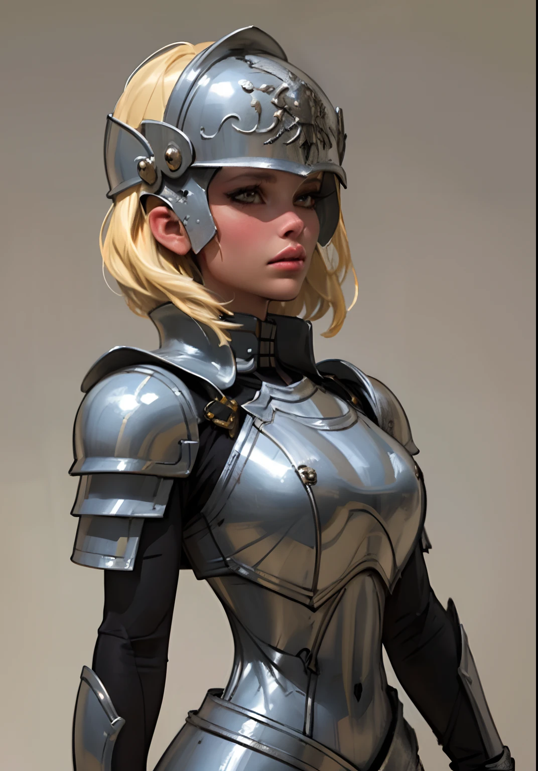 Gray clay style,(masterpiece, best quality), Grayscale,a woman in armor, full armor,helmet,armor,extra arms,breastplate, dark brown skin tone, platinum blonde hair, hair under helmet, pixiecut, dainty, slim helmet, perfect face, pretty face, lush detail,
