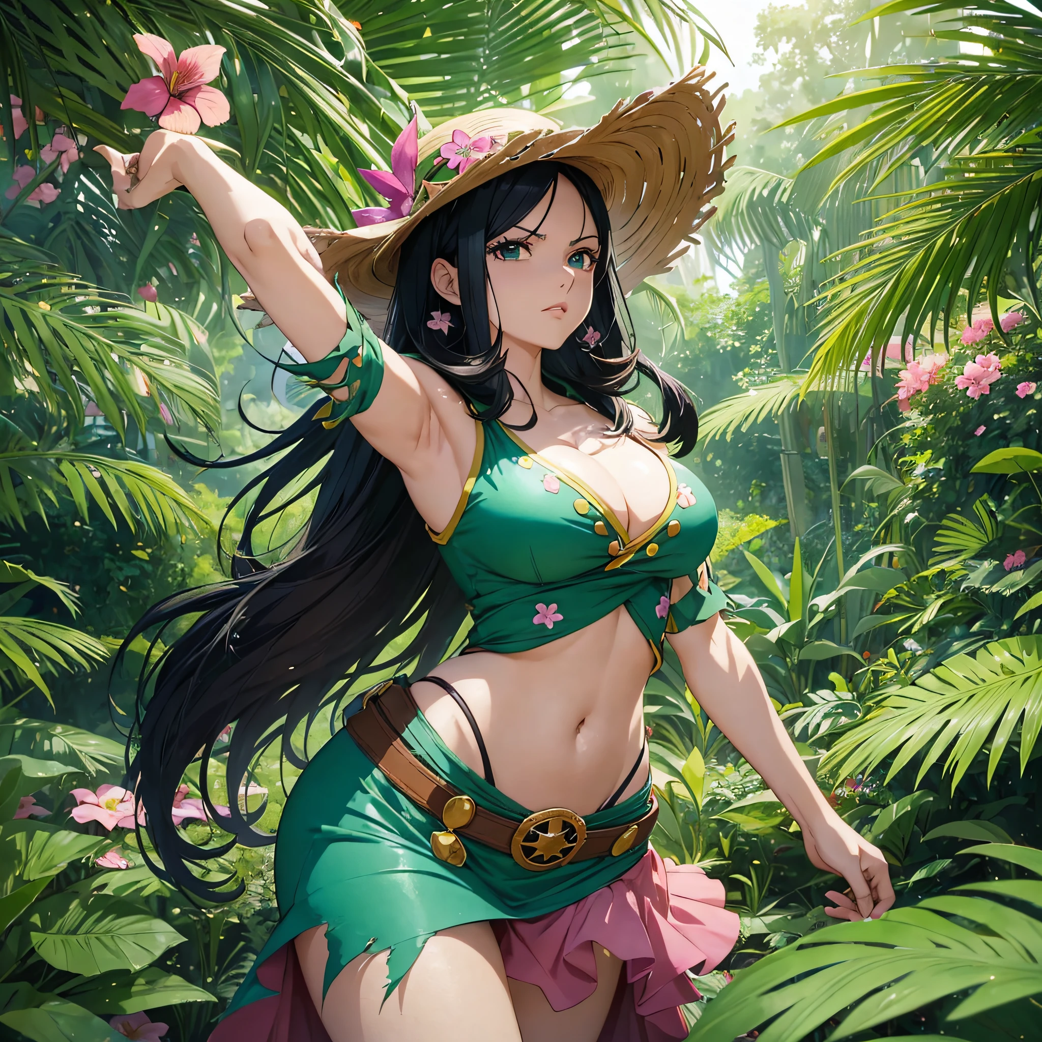 "(3D anime, best quality), ultra detailed, dynamic scene, dynamic pose, (mascot, Nico Robin, One Piece), big eyes, long black hair, Stetson hat, pink dress fitted to body, tropical background, green leaves, flowers, bright sun"