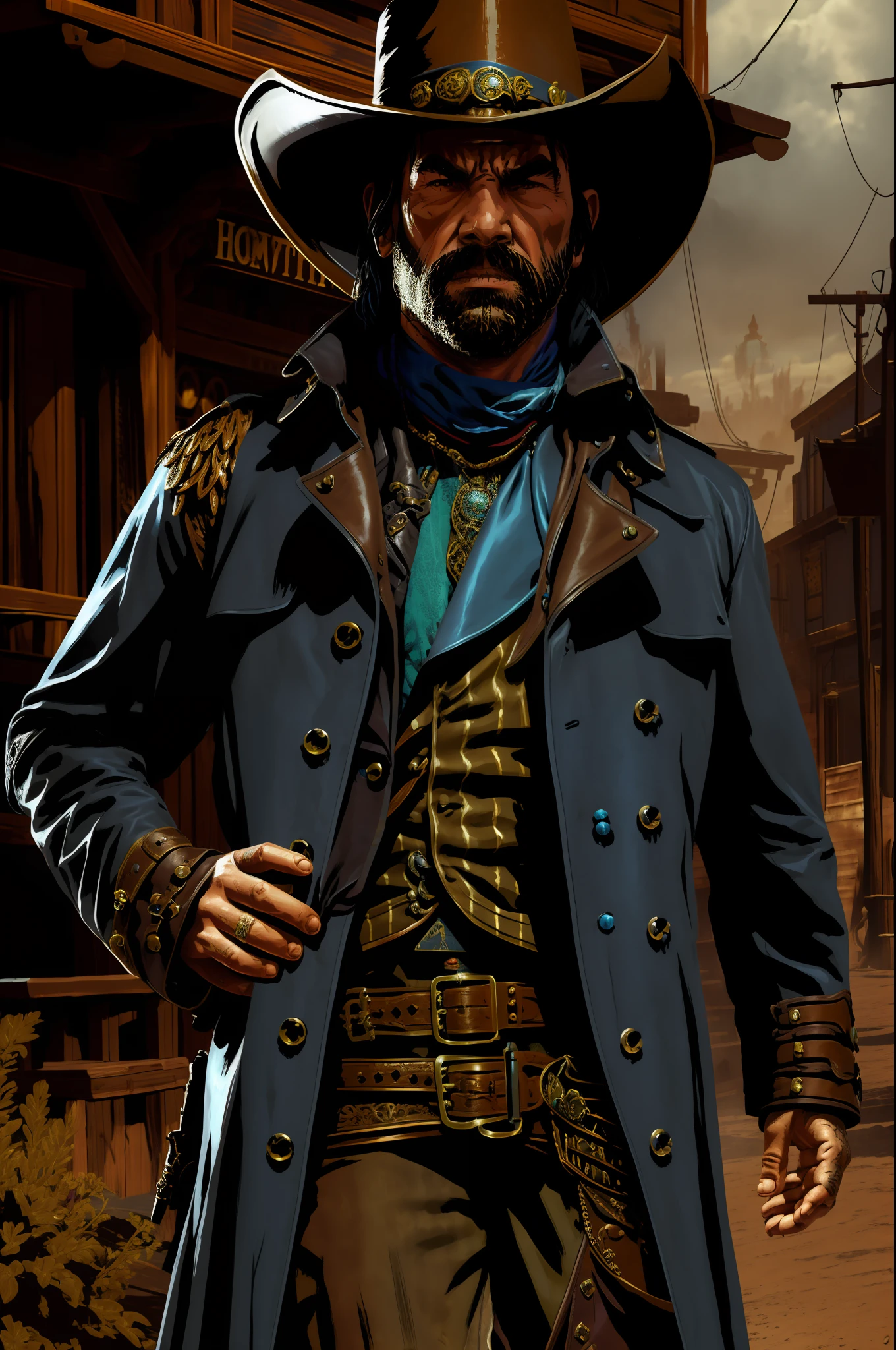 imagine a magical cowboy from the everquest realm walking in a western post apocalyptic town, hes wearing a magical trench coat, highly detailed, intricate, trending on artstation, shot on Sony A7s iii