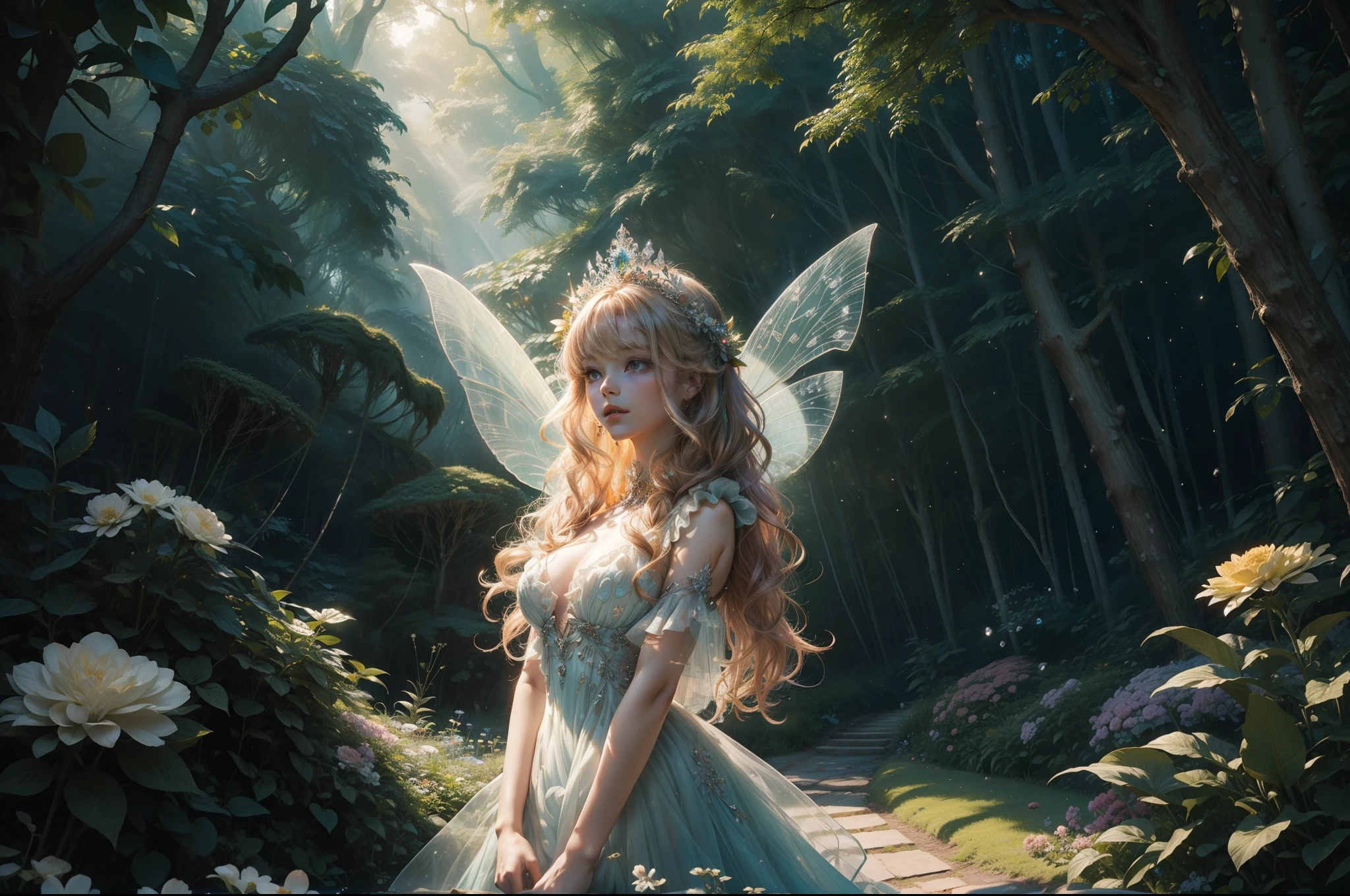 A winged fairy in a garden in the woods. She wears a multilayered ruffled dress in light orange transparent fabric with silver and aquamarine embellishments. Long messy wavy hair in dark colour, flower tiara. She is emerging from a vortex of multicoloured varieties of flowers and leaves of different shapes and tones of green. Dynamic image. Magical flowery forest as background, clear day, sunny, light filtering through the trees.