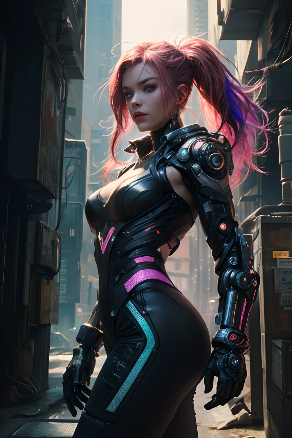 (Photorealistic:1.4) image of a cyber punk girl, (top-quality, 8K, 32K, masterpiece), (dynamic pose), ((facing camera)), (looking at camera), cowboy shot, shapeless hair, colorful hair, colorful cyberpunk clothing, depth of field f/1.8, cyberpunk city background, cinematic lighting.