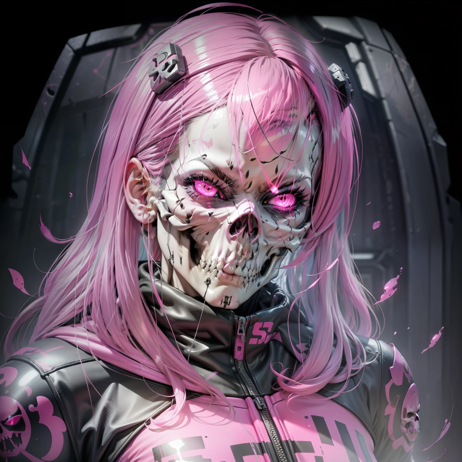 skull with a pink face on a dark background, skullish, pink face, skull face, skull, spooky cartoon skull, skull like, skull head, pink angry bubble, glowing pink face, ((skull)), skull design girl, featuring pink brains, neonpunk, deathpunk, punk grim reaper, pink iconic character, cyberpunk style
